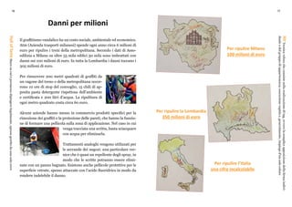 16 17
Danni per milioni
Il graffitismo vandalico ha un costo sociale, ambientale ed economico.
Atm (Azienda trasporti milanesi) spende ogni anno circa 6 milioni di
euro per ripulire i treni della metropolitana. Secondo i dati di Asso-
edilizia a Milano su oltre 55 mila edifici 30 mila sono imbrattati con
danni sui 100 milioni di euro. In tutta la Lombardia i danni toccano i
305 milioni di euro.
Per rimuovere 200 metri quadrati di graffiti da
un vagone del treno o della metropolitana occor-
rono 10 ore di stop del convoglio, 15 chili di ap-
posita pasta detergente rispettosa dell’ambiente
e certificata e 200 litri d’acqua. La ripulitura di
ogni metro quadrato costa circa 60 euro.
Alcune aziende hanno messo in commercio prodotti specifici per la
rimozione dei graffiti e la protezione delle pareti, che hanno la funzio-
ne di formare una pellicola sulla zona di applicazione. Nel caso in cui
venga tracciata una scritta, basta sciacquare
con acqua per eliminarla.
Trattamenti analoghi vengono utilizzati per
le serrande dei negozi: una particolare ver-
nice che è quasi un repellente degli spray, in
modo che le scritte potranno essere elimi-
nate con un panno bagnato. Esistono anche pellicole protettive per le
superficie vetrate, spesso attaccate con l’acido fluoridrico in modo da
rendere indelebile il danno.
HalloffameMurosucuièpermessodipingerelegalmente,spessogestitodaunasolacrew
HitTecnicavelocecheconsistenellarealizzazioneditag,ovverolasempliceapposizionedellafirmaindivi-
dualeodelgruppodiappartenenza;esecuzionerapidae,generalmente,impiegod’unsolocolore
Per ripulire Milano
100 milioni di euro
Per ripulire la Lombardia
350 milioni di euro
Per ripulire l’Italia
una cifra incalcolabile
 