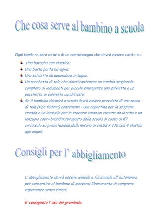 Ogni bambino sarà dotato di un contrassegno che dovrà essere cucito su:
Una bavaglia con elastico;
Una busta porta bavaglia;
Una salvietta da appendere in bagno;
Un sacchetto di tela che dovrà contenere un cambio stagionale
completo di indumenti per piccole emergenze,una salvietta e un
pacchetto di salviette umidificate;
Se il bambino dormirà a scuola dovrà essere provvisto di una sacca
di tela (tipo federa) contenente : una copertina per la stagione
fredda e un lenzuolo per la stagione calda,un cuscino da lettino e un
lenzuolo copri-brandina(proposto dalla scuola al costo di €7
circa,solo su prenotazione,della misura di cm.58 x 130 con 4 elastici
agli angoli.
L’ abbigliamento dovrà essere comodo e funzionale all’ autonomia,
per consentire al bambino di muoversi liberamente di compiere
esperienze senza timori.
E’ consigliato l’ uso del grembiule.
 