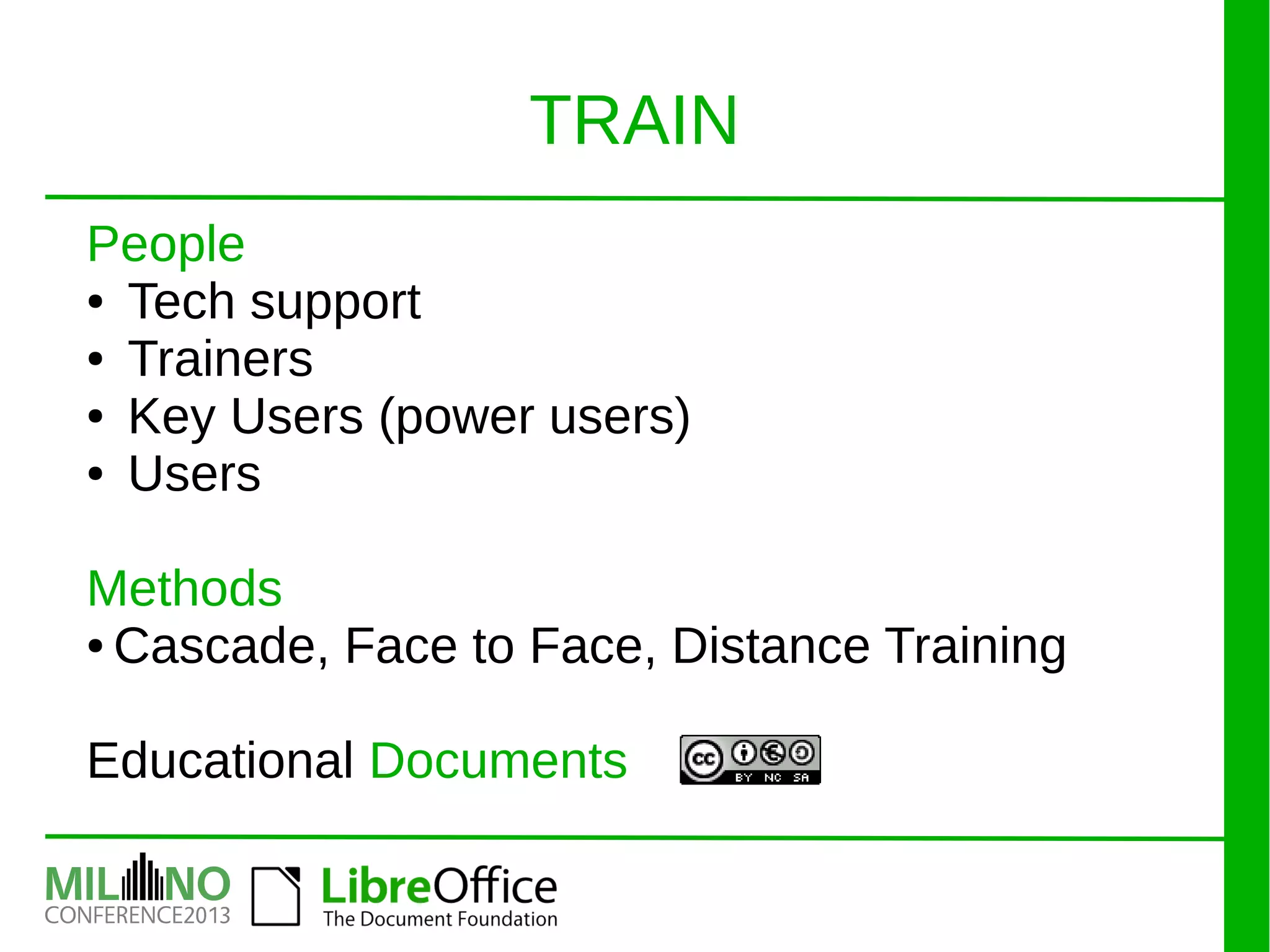 People
● Tech support
● Trainers
● Key Users (power users)
● Users
Methods
● Cascade, Face to Face, Distance Training
Educational Documents
TRAIN
 