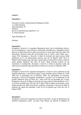 Aneksi 1

Shembull 1:

Geosearch Austria, Arben Krasniqi Përfaqësues Fiskal
c/o Arben Krasniqi
Agim Ramadani, 42
Prishtinë
Kjo do ta ndryshojë nga regjistrimi i vet
Z. Arben Krasniqi

Agim Ramadani, 42

Prishtinë


Shembull 2:
Kompania e Kosovës A e angazhon Maqedonia sh.p.k. për të mirëmbajtur rrjetin e
tyre të kompjuterëve, sipas kushteve të kontratës, përfaqësuesit e Maqedonia sh.p.k
pritet të vizitojnë Kosovën së paku një herë çdo tre muaj (apo katër herë gjatë vitit
kalendarik). Kontrata është për një periudhë prej tre vjetëve, duke filluar nga 1
Janari 2010. Kompania e Kosovës A duhet të dorëzojë një raport sikurse është
përshkruar në 8.1 në administratën tatimore deri më 22 Dhjetor 2009. Nëse 22
Dhjetori është fundjavë apo ditë feste, raporti duhet të dorëzohet në ditën e fundit të
punës përpara fundjavës apo ditës së festës. Meqë kontrata rezulton në një
veprimtari të vazhdueshme, Kompani e Kosovës A duhet të dorëzojë vetëm një
raport që do të pranohet nga administrata tatimore në ose para 22 Dhjetorit 2009.

Shembull 3:
Kompania e Kosovës B e angazhon Kompaninë e Turqisë C për të ndihmuar në një
kontratë ndërtimore, e cila pritet të zgjasë 3 muaj. Kontrata pritet të fillojë më 1 Prill
2009 dhe të përfundojë më 30 Qershor 2009. Pas përfundimit të kontratës,
Kompania e Kosovës B angazhon Kompaninë e Turqisë C për të ndihmuar në një
projekt ndërtimor tjetër që fillon më 1 Janar 2010 për një periudhë prej 4 muaj.
Kompania e Kosovës B duhet të dorëzojë një raport sikurse është përshkruar në 8.1
e cila do të pranohet nga ATK deri më 22 Mars 2009 ne lidhje me kontratën e parë.
Meqë kontrata nuk është një kontratë vazhduese, Kompania e Kosovës B duhet të
dorëzojë një raport për kontratën e dytë që do të pranohet nga ATK deri më 22
Dhjetor 2009.



Shembull 4 :
Kompania e Kosovës B angazhon një individ nga Mali i Zi për të përmirësuar një
problem kompjuterik vetëm një herë. Puna kërkon që individi të udhëtojë në



                                          105
 