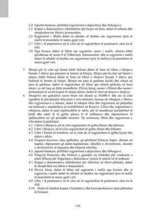 2.4 raportet bankare, përfshirë regjistrimet e depozitave dhe tërheqjeve;
     2.5 Kopjet e dokumenteve mbështetëse për hyrjet në libra, duhet të mbeten dhe
         shoqërohen me librin e pranueshëm.
     2.6 Regjistrimi i Mallit duhet të mbahet së bashku me regjistrimet tjera të
         mallit të pranishëm të marra gjatë vitit.
     2.7 Libri i të punësuarve në të cilin do të regjistrohen të punësuarit, nëse ka të
         tillë.
     2.8 Nga biznesi duhet të bëhet një regjistrim vjetor i mallit, sikurse është
         përshkruar në nenin 8 të Udhëzimit Administrativ dhe ai regjistrim i mallit
         duhet të mbahet së bashku me regjistrimet tjera të mallrave të pranishme të
         marra gjatë vitit.

3.   Blerjet për të cilat një faturë është lëshuar duhet të futet në librin e blerjeve
     brenda 5 ditëve pas pranimit të faturës së blerjes. Shitjet për të cilat një faturë e
     shitjes është lëshuar duhet të futet në librin e shitjeve brenda 5 ditëve pas
     lëshimit të faturës së shitjes. Blerjet me para të gatshme (kesh) dhe shitjet në
     para të gatshme, duhet të regjistrohen në librat apo ditarët përkatës në bazë
     ditore, jo më larg se ditën pasardhëse. Përveç kësaj, numri i fillimit dhe numri i
     përfundimit të secilit kupon të shitjes ditore, duhet të futet në ditarin e shitjeve.
4.   Shoqëritë me qarkullim vjetor bruto më shumë se 50,000 € dhe ato të cilat
     zgjedhin të përcaktojnë detyrimet e tyre tatimore, bazuar në mbajtjen e librave
     dhe regjistrimeve e duhura, duhet të mbajnë libra dhe regjistrime në përputhje
     me kërkesat e standardeve të kontabilitetit në Kosovë. Librat dhe regjistrimet e
     mbajtura, duhet të jenë mjaftueshëm te sakta, për të mundësuar kontabilitet të
     plotë dhe saktë të të gjitha pikave të të ardhurave dhe shpenzimeve të
     aplikueshme në një periudhë tatimore. Në minimum, librat dhe regjistrimet e
     tilla duhet të përfshijnë:
     4.1. Librin e Blerjeve, në të cilin regjistrohen të gjitha blerjet dhe kthimet;
     4.2. Libri i Shitjeve, në të cilin regjistrohen të gjitha shitjet dhe kthimet;
     4.3. Libri i Parasë së Gatshme, në të cilin do të regjistrohen të gjitha hyrjet dhe
           daljet e arkës;
     4.4. Llogaria kryesore, nëse aplikohet, që përfshinë bilancin hapës, shtimet në
           kapital, shpenzimet që duhet kapitalizuar, shkallën e zhvlerësimit, shumën
           e zhvlerësimit, të larguarat dhe bilancin mbyllës;
     4.5. raportet bankare, përfshirë regjistrimet e depozitave dhe tërheqjeve;
     4.6. Pasqyrat financiare dhe bilancet e gjendjes siç kërkohet për vendosjen e
           pikës filluese për llogaritjen e deklaratave vjetore të tatimit në të ardhurat.
     4.7. Kopjet e dokumenteve mbështetëse për shënimet në librin përkatës, duhet
           të shoqërohen me librin e zbatueshëm.
     4.8. Përveç kësaj, duhet të bëhet një regjistrim i mallit nga biznesi dhe ai
           regjistrim i mallit duhet të mbahet së bashku me regjistrimet tjera të mallit
           të pranishëm të marra gjatë vitit.
     4.9. Libri i të punësuarve në të cilin do të regjistrohen të punësuarit, nëse ka të
           tillë.
     4.10. Duhet të mbahen kopjet e kontratave dhe korrespodencave tjera përkatëse
           të biznesit.



                                           130
 