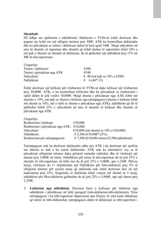 Shembull:
Në lidhje me aplikimin e ndëshkimit: Deklarata e TVSh-së është dorëzuar dhe
paguar me kohë me një obligim tatimor prej 500€. ATK ka kontrolluar deklaratën
dhe ka përcaktuar se tatimi i deklaruar duhet të ketë qenë 540€. Meqë ndryshimi në
mes të shumës së raportuar dhe shumës që është dashur të raportohet është 10% a
më pak e shumës së shumës së deklaruar, do të aplikohet një ndëshkim prej 15% në
40€ të nën-raportuara.

Llogaritja:
Tatimi i deklaruar:                           €500
Tatimi i përcaktuar nga ATK                   €540
Ndryshimi                                     € 40 (më pak se 10% e €500)
Ndëshkimi                                     € 6 (40*.15)

Është dorëzuar një kërkesë për rimbursim të TVSh-së duke kërkuar një rimbursim
prej 20,000€. ATK, e ka kontrolluar kërkesën dhe ka përcaktuar se rimbursimi i
saktë duhet të jetë vetëm 10,000€. Meqë shuma e përcaktuar nga ATK është më
shumës e 10%, më pak se shuma e kërkuar nga tatimpaguesi (shuma e kërkuar është
më shumë se 10%, më e lartë se shuma e përcaktuar nga ATK), ndëshkimi që do të
aplikohet është 25% e ndryshimit në mes të shumës së kërkuar dhe shumës së
përcaktuar nga ATK.

Llogaritja:
Rimbursimi i kërkuar:            €20,000
Rimbursimi i përcaktuar nga ATK: €10,000
Ndryshimi:                       €10,000 (më shumë se 10% e €20,000)
Ndëshkimi:                        € 2,500 (€10,000*.25%)
Rimbursimi për tatimpaguesin      € 7,500 (€10,000 minus €2,500 ndëshkimi)

Tatimpaguesi nuk ka dorëzuar deklaratën edhe pse ATK i ka dorëzuar një njoftim
me shkrim se nuk e ka marrë deklaratën. ATK nuk ka alternativë veç se të
përcaktojë obligimin tatimor duke përdorë metodat indirekte dhe të vlerësojë një
shumë prej 5,000€ në tatim. Ndëshkimi për tatim të nën-raportuar do të jetë 25% e
shumës së nën-raportuar, në këtë rast do të jetë 25% e 5,000€, apo 1,250€. Përveç
kësaj, vlerësimi do t’i nënshtrohet një Ndëshkimi për Mos-deklarim prej 5% të
obligimit tatimor për secilin muaj që deklarata nuk është dorëzuar deri në një
maksimum prej 25%, llogarisim se deklarata është vonuar më shumë se 5 muaj,
ndëshkimi për Mos-deklarim gjithashtu do të jetë 25% e 5,000€, apo një shtese prej
1,250€.

3.   Lehtësimi nga ndëshkimi. Ekziston bazë e kufizuar për lehtësim nga
     ndëshkimi i përshkruar në këtë paragraf (nën-deklarimi/mbi-deklarimi). Nëse
     tatimpaguesi i ka mbi-raportuar shpenzimet apo blerjet, të cilat kanë shkaktuar
     që tatimi të mbi-deklarohet, tatimpaguesi duhet të dëshmojë se mbi-raportimi i



                                        229
 