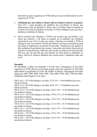 furnizime pa qenë i regjistruar në TVSh edhe pse ai person është dashur të jetë i
     regjistruar në TVSh.

5.   Ndëshkimi për mos lëshim të faturës dhe/ose lëshim të faturës së pasaktë.
     Neni 49.2 i Ligjit parasheh një ndëshkim për mos-lëshim të faturës, apo
     dokumenteve tjera që shërbejnë si faturë, apo i cili lëshon faturë të pasaktë që
     rezulton në një ulje të dukshme në shumën e TVSh-së obligative apo një rritje e
     dukshme e kreditimit të kërkuar.

6.   Përveç detyrimit për obligimin e TVSh-së që rezulton nga mos-lëshimi i një
     fature apo lëshimin e një fature të pasaktë, do të aplikohet një ndëshkim
     administrativ prej 15% në uljen apo rritjen e dukshme në shumën e TVSh-së
     obligative, nëse mos-lëshimi i faturës apo lëshimi i një fature të pasaktë ka qenë
     për shkak të neglizhencës së personit të tatueshëm. Neglizhenca për qëllime të
     këtij ndëshkimi konsiderohet kur personi i tatueshëm nuk lëshon faturë për një
     furnizim të tatueshëm prej 1,000 euro apo më pak ose lëshon një faturë që është
     500 euro apo më pak mbi apo nën shumën që është dashur të përfshihet në
     faturë. Nuk do të vendoset ndëshkim nëse shuma totale e ndëshkimi është deri
     në 5€.


Shembull:
Në shembullin e dhënë në paragrafin 2 të këtij Neni, Tatimpaguesi B nuk është
regjistruar në TVSh edhe pse ai ka kaluar pragun vjetor për regjistrim në TVSh dhe
është dashur të regjistrohet në TVSh. Me 8,000 € të shitjeve, tatimpaguesi B ka bërë
shitjet prej 200€, 500€, 800€, 950€, 850€, 750€, 800€, 950€, 850€, 750€ dhe 600€.
Ndëshkimi është llogaritur si në vijim:

200 X 16% = 32 TVSh obligative në shitje; 32 X 15% = 4.80 Ndëshkimi për mos-
lëshim të faturës
500 X 16 %= 80 TVSh obligative në shitje; 80 X 15% = 12 Ndëshkimi për mos-
lëshim të faturës
800 X 16 %= 128 TVSh obligative në shitje; 128 X 15% = 19.20 Ndëshkimi për
mos-lëshim të faturës
950 X 16 %= 170 TVSh obligative në shitje; 170 X 15 %= 25.50 Ndëshkimi për
mos-lëshim të faturës
850 X 16% = 136 TVSh obligative në shitje; 136 X 15% = 20.40 Ndëshkimi për
mos-lëshim të faturës
750 X 16 %= 121 TVSh obligative në shitje; 121 X 15% = 18.15 Ndëshkimi për
mos-lëshim të faturës
800 X 16% = 128 TVSh obligative në shitje; 128 X 15 %= 19.20 Ndëshkimi për
mos-lëshim të faturës
950 X 16% = 170 TVSh obligative në shitje; 170 X 15% = 25.50 Ndëshkimi për
mos-lëshim të faturës
850 X 16% = 136 TVSh obligative në shitje; 136 X 15% = 20.40 Ndëshkimi për
mos-lëshim të faturës



                                         239
 