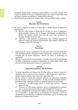 lejueshëm. Zbritja lejohet vetëm nëse pasuria është e re ose është vënë për herë
     të parë në shërbim në Kosovë. Zbritja nuk lejohet nëse pasuria është bartur nga
     një biznes ekzistues ose një biznes i mëparshëm në Kosovë.
2.   Zbritjet tjera të posaçme mund të jepen vetëm nëse parashihen në ligj e caktuar.

                                    Neni 16
                           Riparimet dhe Përmirësimet

1.   Në rastin e llogarive të mjeteve të ndara dhe të ndonjë llogarie të mjeteve të
     grumbulluara:
      1.1. shumat e tilla lejohen si zbritje për atë vit nëse ato mjete të shpenzuara
           gjatë periudhës tatimore për të riparuar, mirëmbajtur ose përmirësuar
           pronën nuk kalojnë shumën prej pesë për qind (5%) të bilancit të
           llogarisë në fillim të atij viti; dhe
      1.2. tejkalimet e tilla trajtohen si përmirësime dhe i shtohen llogarisë së
           mjeteve të ndara ose llogarisë së grumbulluar, nëse shumat e tilla janë më
           të mëdha se pesë (5%) për qind.

                                     Neni 17
                                    Amortizimi

1.    Shpenzimet për mjetet e paprekshme, të cilat kanë afat të kufizuar përdorimi,
      duke përfshirë patentën, të drejtat e autorit, licencat për vizatime apo modele,
      kontratat dhe të drejtat ekskluzive, zbriten në formë të detyrimeve të
      amortizimit.
2.    Metoda e amortizimit do të jetë metoda e shlyerjes lineare dhe zbritja bazohet
      në afatin e përdorimit të pasurisë të përcaktuar në marrëveshjen ligjore mbi
      përvetësimin dhe përdorimin e pasurisë së paprekshme.

                                    Neni 18
                      Shpenzimet kërkimore dhe zhvillimore

1.    Të gjitha shpenzimet për kërkime dhe zhvillim lidhur me rezervat natyrore të
      mineraleve dhe të resurseve të tjera natyrore, si dhe kamatat që u ngarkohen, i
      shtohen llogarisë kapitale dhe amortizohen sipas këtij neni.
2.    Shuma e lejuar si zbritje për amortizim përkitazi me shpenzimet kërkimore
      dhe zhvillimore, e cekur në paragrafin 1. të këtij neni për periudhën tatimore,
      përcaktohet duke shumëzuar bilancin në llogarinë kapitale me një shumë:
     2.1. numëruesit i së cilës paraqet njësitë e nxjerra prej rezervave natyrore
            gjatë vitit; dhe
     2.2. emëruesi i së cilës paraqet shumën e njësive të përgjithshme të parapara
            për t’u nxjerrë nga rezervat natyrore gjatë jetëgjatësisë së pasurisë.
3.    Njësitë e përgjithshme të parapara për nxjerrje, të referuara në nën-paragrafin
      2.2. të paragrafit 2. të këtij neni do të përcaktohen në mënyrën e cila do të
      përshkruhet në një udhëzim të ardhshëm administrativ që do të lëshohet nga
      Ministria për Ekonomi dhe Financa.



                                         280
 