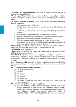 “E ardhura nga burimi i jashtëm” do të thotë të ardhurat bruto që nuk janë të
ardhura të krijuara në Kosovë.
“Pronë e paprekshme” do të thotë patentet, të drejtat e autorit, lejet, të drejtat
ekskluzive dhe prona tjetër që përbëhet vetëm nga të drejtat por që nuk ka formë
fizike.
“E ardhura e krijuar në Kosovë” do të thotë të ardhurat bruto që krijohen në
Kosovë, si në vijim:
      pagat nga puna e kryer në Kosovë;
      të ardhurat nga aktivitetet afariste në rastet kur aktiviteti i tillë zhvillohet në
         Kosovë;
      të ardhurat nga shfrytëzimi i pronës së luajtshme dhe të paluajtshme në
         Kosovë;
      të ardhurat nga shfrytëzimi i pronës së paprekshme në Kosovë;
      interesi në obligimin e borxhit që paguhet nga banori ose autoriteti publik;
      dividendët e paguara nga organizata rezidente e biznesit;
      fitimi nga shitja e pronës së paluajtshme që gjendet në Kosovë; dhe
      të ardhurat e tjera që nuk janë përfshirë në nën-paragrafët e mësipërme të
         cilat rrjedhin nga aktiviteti ekonomik në Kosovë;
“Vlerë e tregut” do të thotë çmimi me të cilin do të shiteshin mallrat ose shërbimet
e ngjashme të cilësisë dhe sasisë së njëjtë në transaksionin duar lirë.
“Person fizik” do të thotë individi.
“Jo rezident” do të thotë çdo person ose subjekt fizik që nuk është rezident,
përkatësisht banor i përhershëm.
“Ortakëri” do të thotë ortakëria e përgjithshme, ortakëria e kufizuar ose
marrëveshja e ngjashme e bartjes, që nuk është person juridik dhe që në mënyrë
proporcionale i ndan zërat e kapitalit, të të ardhurave dhe të humbjeve në mesin e
ortakëve.
1A.1 “Ndërmarrje e Përhershme” do të thotë vend i caktuar i veprimtarisë afariste
ku veprimtaria afariste e personit jo rezident zhvillohet tërësisht apo pjesërisht në
Kosovë.
1A.2 “Ndërmarrje e përhershme” përfshin:
     (a) çdo vend i menaxhmentit;
     (b) çdo degë;
     (c) çdo zyrë;
     (d) çdo fabrikë;
     (e) çdo punëtori;
     (f) çdo minierë dhe
     (g) çdo burim i naftës dhe gazit, gurore ose vend tjetër i shfrytëzimit të
         burimeve natyrore.
1A.3 “Ndërmarrje e përhershme” gjithashtu përfshin;
     (a) çdo vend ndërtimi, ndërtim, montim ose projekt instalimi, ose ndonjë
         aktivitet mbikëqyrës në lidhje me këtë, por vetëm nëse ndërtimi, projekti
         ose aktiviteti i tillë zgjat më shumë se njëqindetetëdhjetetre (183) ditë. Kur
         vend ndërtimi, projekti ose aktiviteti zgjat më shumë se
         njëqindetetëdhjetetre (183) ditë, duke përfshirë edhe aktivitetet përgatitore,



                                          310
 