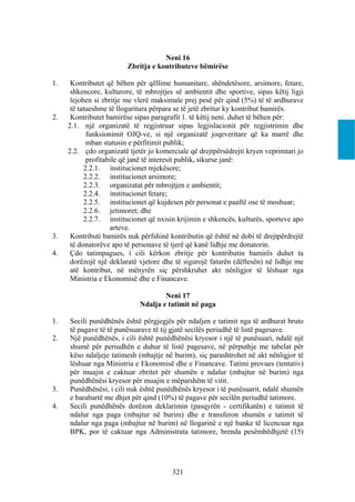 Neni 16
                         Zbritja e kontributeve bëmirëse

1.    Kontributet që bëhen për qëllime humanitare, shëndetësore, arsimore, fetare,
      shkencore, kulturore, të mbrojtjes së ambientit dhe sportive, sipas këtij ligji
      lejohen si zbritje me vlerë maksimale prej pesë për qind (5%) të të ardhurave
      të tatueshme të llogaritura përpara se të jetë zbritur ky kontribut bamirës.
2.    Kontributet bamirëse sipas paragrafit 1. të këtij neni. duhet të bëhen për:
     2.1. një organizatë të regjistruar sipas legjislacionit për regjistrimin dhe
            funksionimit OJQ-ve, si një organizatë joqeveritare që ka marrë dhe
            mban statusin e përfitimit publik;
     2.2. çdo organizatë tjetër jo komerciale që drejtpërsëdrejti kryen veprimtari jo
            profitabile që janë të interesit publik, sikurse janë:
           2.2.1. institucionet mjekësore;
           2.2.2. institucionet arsimore;
           2.2.3. organizatat për mbrojtjen e ambientit;
           2.2.4. institucionet fetare;
           2.2.5. institucionet që kujdesen për personat e paaftë ose të moshuar;
           2.2.6. jetimoret; dhe
           2.2.7. institucionet që nxisin krijimin e shkencës, kulturës, sporteve apo
                    arteve.
3.    Kontributi bamirës nuk përfshinë kontributin që është në dobi të drejtpërdrejtë
      të donatorëve apo të personave të tjerë që kanë lidhje me donatorin.
4.    Çdo tatimpagues, i cili kërkon zbritje për kontributin bamirës duhet ta
      dorëzojë një deklaratë vjetore dhe të sigurojë faturën (dëftesën) në lidhje me
      atë kontribut, në mënyrën siç përshkruhet akt nënligjor të lëshuar nga
      Ministria e Ekonomisë dhe e Financave.

                                     Neni 17
                             Ndalja e tatimit në paga

1.   Secili punëdhënës është përgjegjës për ndaljen e tatimit nga të ardhurat bruto
     të pagave të të punësuarave të tij gjatë secilës periudhë të listë pagesave.
2.   Një punëdhënës, i cili është punëdhënësi kryesor i një të punësuari, ndalë një
     shumë për periudhën e duhur të listë pagesave, në përputhje me tabelat për
     këso ndaljeje tatimesh (mbajtje në burim), siç parashtrohet në akt nënligjor të
     lëshuar nga Ministria e Ekonomisë dhe e Financave. Tatimi provues (tentativ)
     për muajin e caktuar zbritet për shumën e ndalur (mbajtur në burim) nga
     punëdhënësi kryesor për muajin e mëparshëm të vitit.
3.   Punëdhënësi, i cili nuk është punëdhënës kryesor i të punësuarit, ndalë shumën
     e barabartë me dhjet për qind (10%) të pagave për secilën periudhë tatimore.
4.   Secili punëdhënës dorëzon deklarimin (pasqyrën - certifikatën) e tatimit të
     ndalur nga paga (mbajtur në burim) dhe e transferon shumën e tatimit të
     ndalur nga paga (mbajtur në burim) në llogarinë e një banke të licencuar nga
     BPK, por të caktuar nga Administrata tatimore, brenda pesëmbëdhjetë (15)




                                        321
 