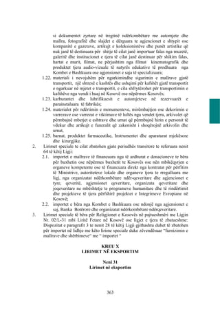 si dokumentet zyrtare në tregtinë ndërkombëtare me automjete dhe
           mallra, fotografitë dhe slajdet e dërguara te agjencionet e shtypit ose
           kompanitë e gazetave, artikujt e koleksionistëve dhe punët artistike që
           nuk janë të destinuara për shitje të cilat janë importuar falas nga muzetë,
           galeritë dhe institucionet e tjera të cilat janë destinuar për shikim falas,
           hartat e murit, filmat, ne përjashtim nga filmat kinematografik dhe
           produktet tjera audio-vizuale të natyrës edukative të prodhuara nga
           Kombet e Bashkuara ose agjensionet e saja të specializuara;
     1.22. materiali i nevojshëm për ngarkimindhe sigurimin e mallrave gjatë
           transportit, një shtresë e kashtës dhe ushqimi për kafshët gjatë transportit
           e ngarkuar në mjetet e transportit, e cila shfrytëzohet për transportimin e
           kafshëve nga vendi i huaj në Kosovë ose nëpërmes Kosovës;
     1.23. karburantet dhe lubrifikuesit e automjeteve në rezervuarët e
           parainstaluara të fabrikës;
     1.24. materialet për ndërtimin e monumenteve, mirëmbajtjen ose dekorimin e
           varrezave ose varrezat e viktimave të luftës nga vendet tjera, arkivolet që
           përmbajnë mbetjet e eshtrave dhe urnat që përmbajnë hirin e personit të
           vdekur dhe artikujt e funeralit që zakonisht i shoqërojnë arkivolin dhe
           urnat,
     1.25. barnat, produktet farmaceutike, Instrumentet dhe aparaturat mjekësore
           dhe kirurgjike.
2.    Lirimet speciale te cilat zbatohen gjate periudhës transitore te referuara nenit
      64 të këtij Ligji:
     2.1. importet e mallrave të financuara nga të ardhurat e donacioneve te bëra
           për buxhetin ose nëpërmes buxhetit te Kosovës ose nën mbikëqyrjen e
           organeve kompetente ose të financuara direkt nga kontratat për përfitim
           të Ministrive, autoriteteve lokale dhe organeve tjera te rregulluara me
           ligj, nga organizatat ndërkombëtare ndër-qeveritare dhe agjencionet e
           tyre, qeveritë, agjensionet qeveritare, organizata qeveritare dhe
           joqeveritare ne mbështetje te programeve humanitare dhe të rindërtimit
           dhe projekteve të tjera përfshirë projektet e Integrimeve Evropiane në
           Kosovë;
     2.2. importet e bëra nga Kombet e Bashkuara ose ndonjë nga agjensionet e
           saj, Banka Botërore dhe organizatat ndërkombëtare ndërqeveritare.
3.    Lirimet speciale të bëra për Religjionet e Kosovës në pajtueshmëri me Ligjin
      Nr. 02/L-31 mbi Liritë Fetare në Kosovë ose ligjet e tjera të zbatueshme:
      Dispozitat e paragrafit 3 te nenit 28 të këtij Ligji gjithashtu duhet të zbatohen
      për importet në lidhje me këto lirime speciale duke zëvendësuar “furnizimin e
      mallrave dhe shërbimeve“ me “ importet “

                                  KREU X
                           LIRIMET NË EKSPORTIM

                                     Neni 31
                               Lirimet në eksportim




                                         363
 