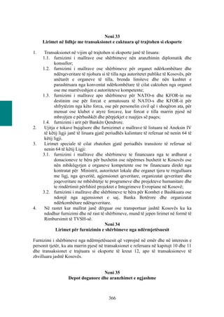Neni 33
     Lirimet në lidhje me transaksionet e caktuara që trajtohen si eksporte

1.    Transaksionet në vijim që trajtohen si eksporte janë të liruara:
     1.1. furnizimi i mallrave ose shërbimeve nën aranzhimin diplomatik dhe
            konsullor;
     1.2. furnizimi i mallrave ose shërbimeve për organet ndërkombëtare dhe
            ndërqeveritare të njohura si të tilla nga autoritetet publike të Kosovës, për
            anëtarët e organeve të tilla, brenda limiteve dhe nën kushtet e
            parashtruara nga konventat ndërkombëtare të cilat caktohen nga organet
            ose me marrëveshjen e autoriteteve kompetente;
     1.3. furnizimi i mallrave apo shërbimeve për NATO-n dhe KFOR-in me
            destinim ose për forcat e armatosura të NATO-s dhe KFOR-it për
            shfrytëzim nga këto forca, ose për personelin civil që i shoqëron ata, për
            mensat ose klubet e atyre forcave, kur forcat e tilla marrin pjesë në
            mbrojtjen e përbashkët dhe përpjekjet e ruajtjes së paqes;
     1.4. furnizimi i arit për Bankën Qendrore.
2.    Ujitja e tokave bujqësore dhe furnizimet e mallrave të listuara në Aneksin IV
      të këtij ligji janë të liruara gjatë periudhës kalimtare të referuar në nenin 64 të
      këtij ligji.
3.    Lirimet speciale të cilat zbatohen gjatë periudhës transitore të referuar në
      nenin 64 të këtij Ligji:
     3.1. furnizimi i mallrave dhe shërbimeve te financuara nga te ardhurat e
            donacioneve te bëra për buxhetin ose nëpërmes buxhetit te Kosovës ose
            nën mbikëqyrjen e organeve kompetente ose tw financuara direkt nga
            kontratat për Ministrit, autoritetet lokale dhe organet tjera te rregulluara
            me ligj, nga qeveritë, agjensionet qeveritare, organizatat qeveritare dhe
            joqeveritare ne mbështetje te programeve dhe projekteve humanitare dhe
            te rindërtimit përfshirë projektet e Integrimeve Evropiane në Kosovë;
     3.2. furnizimi i mallrave dhe shërbimeve te bëra për Kombet e Bashkuara ose
            ndonjë nga agjensionet e saj, Banka Botërore dhe organizatat
            ndërkombëtare ndërqeveritare.
4.    Në rastet kur mallrat janë dërguar ose transportuar jashtë Kosovës ku ka
      ndodhur furnizimi dhe në rast të shërbimeve, mund të jepen lirimet në formë të
      Rimbursimit të TVSH-së.
                                           Neni 34
             Lirimet për furnizimin e shërbimeve nga ndërmjetësuesit

Furnizimi i shërbimeve nga ndërmjetësuesit që veprojnë në emër dhe në interesin e
personit tjetër, ku ata marrin pjesë në transaksionet e referuara në kapitujt 10 dhe 11
dhe transaksionet e trajtuara si eksporte të kreut 12, apo të transaksioneve të
zhvilluara jashtë Kosovës.


                                   Neni 35
                   Depot doganore dhe aranzhimet e ngjashme



                                          366
 