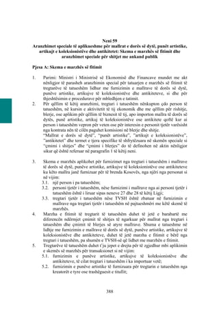 Neni 59
Aranzhimet speciale të aplikueshme për mallrat e dorës së dytë, punët artistike,
   artikujt e koleksionistëve dhe antikitetet: Skema e marzhës së fitimit dhe
               aranzhimet speciale për shitjet me ankand publik

Pjesa A: Skema e marzhës së fitimit

1.   Parimi: Ministri i Ministrisë së Ekonomisë dhe Financave mundet me akt
     nënligjor të parasheh aranzhimin special për tatuarjen e marzhës së fitimit të
     tregtarëve të tatueshëm lidhur me furnizimin e mallrave të dorës së dytë,
     punëve artistike, artikujve të koleksionistëve dhe antikiteteve, si dhe për
     thjeshtësimin e procedurave për mbledhjen e tatimit.
2.   Për qëllim të këtij aranzhimi, tregtari i tatueshëm nënkupton çdo person të
     tatueshëm, në kursin e aktivitetit të tij ekonomik dhe me qëllim për rishitje,
     blerje, ose aplikim për qëllim të biznesit të tij, apo importon mallra të dorës së
     dytës, punë artistike, artikuj të koleksionistëve ose antikitete qoftë kur ai
     person i tatueshëm vepron për veten ose për interesin e personit tjetër varësisht
     nga kontrata nën të cilën paguhet komisioni në blerje dhe shitje.
     “Mallrat e dorës së dytë”, “punët artistike”, ”artikujt e koleksionistëve”,
     ”antikitetet” dhe termet e tjera specifike të shfrytëzuara në skemën speciale si
     “çmimi i shitjes” dhe “çmimi i blerjes” do të definohen në aktin nënligjor
     sikur që është referuar në paragrafin 1 të këtij neni.

3.    Skema e marzhës aplikohet për furnizimet nga tregtari i tatueshëm i mallrave
      të dorës së dytë, punëve artistike, artikujve të koleksionistëve ose antikiteteve
      ku këto mallra janë furnizuar për të brenda Kosovës, nga njëri nga personat si
      në vijim:
     3.1. një person i pa tatueshëm;
     3.2. personi tjetër i tatueshëm, nëse furnizimi i mallrave nga ai personi tjetër i
            tatueshëm është i liruar sipas neneve 27 dhe 28 të këtij Ligji;
     3.3. tregtari tjetër i tatueshëm nëse TVSH është zbatuar në furnizimin e
            mallrave nga tregtari tjetër i tatueshëm në pajtueshmëri me këtë skemë të
            marzhës.
4.    Marzha e fitimit të tregtarit të tatueshëm duhet të jetë e barabartë me
      diferencën ndërmjet çmimit të shitjes të ngarkuar për mallrat nga tregtari i
      tatueshëm dhe çmimit të blerjes së atyre mallrave. Shuma e tatueshme në
      lidhje me furnizimin e mallrave të dorës së dytë, punëve artistike, artikujve të
      koleksionistëve dhe antikiteteve, duhet të jetë marzha e fitimit e bërë nga
      tregtari i tatueshëm, pa shumën e TVSH-së që lidhet me marzhën e fitimit.
5.    Tregtarëve të tatueshëm duhet t’ju jepet e drejta për të zgjedhur mbi aplikimin
      e skemës së marzhës për transaksionet si në vijim:
     5.1. furnizimin e punëve artistike, artikujve të koleksionistëve dhe
            antikiteteve, të cilat tregtari i tatueshëm i ka importuar vetë;
     5.2. furnizimin e punëve artistike të furnizuara për tregtarin e tatueshëm nga
            kreatorët e tyre ose trashëguesit e titullit;



                                         388
 