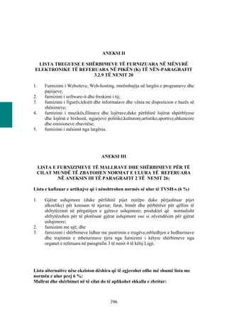 ANEKSI II

 LISTA TREGUESE E SHËRBIMEVE TË FURNIZUARA NË MËNYRË
ELEKTRONIKE TË REFERUARA NË PIKËN (K) TË NËN-PARAGRAFIT
                     3.2.9 TË NENIT 20

1.   Furnizimi i Websiteve, Web-hosting, mirëmbajtja në largësi e programeve dhe
     pajisjeve;
2.   furnizimi i software-it dhe freskimi i tij;
3.   furnizimi i figurës,tekstit dhe informatave dhe vënia ne dispozicion e bazës së
     shënimeve;
4.   furnizimi i muzikës,filmave dhe lojërave,duke përfshirë lojërat shpërblyese
     dhe lojërat e bixhozit, ngjarjeve politike,kulturore,artistike,sportive,shkencore
     dhe emisioneve zbavitëse;
5.   furnizimi i mësimit nga largësia.




                                   ANEKSI III

 LISTA E FURNIZIMEVE TË MALLRAVE DHE SHËRBIMEVE PËR TË
 CILAT MUNDË TË ZBATOHEN NORMAT E ULURA TË REFERUARA
         NË ANEKSIN III TË PARAGRAFIT 2 TË NENIT 26:

Lista e kufizuar e artikujve që i nënshtrohen normës së ulur të TVSH-s (6 %)

1.   Gjërat ushqimore (duke përfshirë pijet mirëpo duke përjashtuar pijet
     alkoolike) për konsum të njeriut; farat, bimët dhe përbërësit për qëllim të
     shfrytëzimit në përgatitjen e gjërave ushqimore; produktet që normalisht
     shfrytëzohen për të plotësuar gjërat ushqimore ose si zëvendësim për gjërat
     ushqimore;
2.   furnizimi me ujë; dhe
3.   furnizimi i shërbimeve lidhur me pastrimin e rrugëve,mbledhjen e hedhurinave
     dhe trajtimin e mbeturinave tjera nga furnizimi i këtyre shërbimeve nga
     organet e referuara në paragrafin 3 të nenit 4 të këtij Ligji.




Lista alternative nëse ekziston dëshira që të zgjerohet edhe më shumë lista me
normën e ulur prej 6 %:
Mallrat dhe shërbimet në të cilat do të aplikohet shkalla e zbritur:



                                        396
 