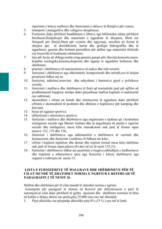 riparimin e këtyre mallrave dhe furnizimin e ulëseve të fëmijëve për vetura;
5.    transporti i pasagjerëve dhe valigjeve shoqëruese;
6.    Furnizimi duke përfshirë huadhënien e librave nga bibliotekat (duke përfshirë
      broshurat,fletëpalosjet dhe materialet e ngjashme të shtypura, librat me
      fotografi për fëmijë,librat për vizatim dhe ngjyrosje, muzikës në formë të
      shtypur apo të dorëshkrimit, hartat dhe grafiqet hidrografike dhe të
      ngjashme), gazetat dhe botimet periodikes për dallim nga materialet tërësisht
      ose kryesisht të kushtuara reklamimit;
7.    leja për hyrje në shfaqje,teatër,cirqe,panaire,parqet për zbavitje,koncerte,muze,
      kopshte zoologjike,kinema,ekspozita dhe ngjarje te ngjashme kulturore dhe
      shërbimet;
8.    pranimi i shërbimeve të transmetimeve të radios dhe televizionit;
9.    furnizimi i shërbimeve nga shkrimtarët, kompozitorët dhe artistët,ose të drejtat
      pronësore lidhur me to;
10.   furnizimi, ndërtimi,renovimi dhe ndryshimi i banimit,si pjesë e politikave
      sociale;
11.   furnizimi i mallrave dhe shërbimeve të llojit që normalisht janë për qëllim në
      prodhimtarinë bujqësor mirëpo duke përjashtuar mallrat kapitale si makineritë
      ose ndërtesat;
12.   akomodimi i ofruar në hotele dhe institucione të ngjashme duke përfshirë
      ofrimin e akomodimit të pushimit dhe dhënien e hapësirave për kamping dhe
      karvanë;
13.   hyrja në ngjarjet sportive;
14.   shfrytëzimi i rekuizitave sportive;
15.   furnizimi i mallrave dhe shërbimeve nga organizatat e njohura që i kushtohen
      mirëqenies sociale nga Shtetet Anëtare dhe të angazhuara në punën e sigurisë
      sociale dhe mirëqenies, mesa këto transaksione nuk janë të liruara sipas
      neneve 132, 135 dhe 136;
16.   furnizimi i shërbimeve nga ndërmarrësit e shërbimeve të varrimit dhe
      kremacionit, dhe furnizimi i mallrave të lidhura me këto;
17.   ofrimi i kujdesit mjekësor dhe dentar dhe trajtimi termal mesa këto shërbime
      nuk janë të liruara sipas pikave (b) deri në (e) të nenit 132 (1);
18.   furnizimi i shërbimeve lidhur me pastrimin e rrugëve,mbledhjen e hedhurinave
      dhe trajtimin e mbeturinave tjera nga furnizimi i këtyre shërbimeve nga
      organet e referuara në nenin 13.


LISTA E FURNIZIMEVE TË MALLRAVE DHE SHËRBIMEVE PËR TË
CILAT MUNDË TË ZBATOHET NORMA E NGRITUR E REFERUAR NË
PARAGRAFIN 2 TË NENIT 26

Mallrat dhe shërbimet për të cilat mundë të zbatohet norma e ngritur:
 Automjetet për pasagjerë të shitura në Kosovë për shfrytëzuesin e parë të
automjetit,të cilat duke përfshirë të gjitha opsionet dhe shërbimet normale të bëra
në kohën e shitjes shiten me qmim,prej 25,000 euro ose më shtrenjtë;
1.   Pijet alkoolike me përqindje alkoolike prej 8% (15 % ) ose më të lartë;



                                         398
 