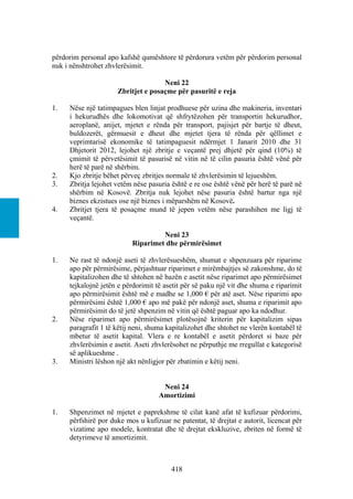përdorim personal apo kafshë qumështore të përdorura vetëm për përdorim personal
nuk i nënshtrohet zhvlerësimit.

                                    Neni 22
                     Zbritjet e posaçme për pasuritë e reja

1.   Nëse një tatimpagues blen linjat prodhuese për uzina dhe makineria, inventari
     i hekurudhës dhe lokomotivat që shfrytëzohen për transportin hekurudhor,
     aeroplanë, anijet, mjetet e rënda për transport, pajisjet për bartje të dheut,
     buldozerët, gërmuesit e dheut dhe mjetet tjera të rënda për qëllimet e
     veprimtarisë ekonomike të tatimpaguesit ndërmjet 1 Janarit 2010 dhe 31
     Dhjetorit 2012, lejohet një zbritje e veçantë prej dhjetë për qind (10%) të
     çmimit të përvetësimit të pasurisë në vitin në të cilin pasuria është vënë për
     herë të parë në shërbim.
2.   Kjo zbritje bëhet përveç zbritjes normale të zhvlerësimin të lejueshëm.
3.   Zbritja lejohet vetëm nëse pasuria është e re ose është vënë për herë të parë në
     shërbim në Kosovë. Zbritja nuk lejohet nëse pasuria është bartur nga një
     biznes ekzistues ose një biznes i mëparshëm në Kosovë.
4.   Zbritjet tjera të posaçme mund të jepen vetëm nëse parashihen me ligj të
     veçantë.

                                   Neni 23
                          Riparimet dhe përmirësimet

1.   Ne rast të ndonjë aseti të zhvlerësueshëm, shumat e shpenzuara për riparime
     apo për përmirësime, përjashtuar riparimet e mirëmbajtjes së zakonshme, do të
     kapitalizohen dhe të shtohen në bazën e asetit nëse riparimet apo përmirësimet
     tejkalojnë jetën e përdorimit të asetit për së paku një vit dhe shuma e riparimit
     apo përmirësimit është më e madhe se 1,000 € për atë aset. Nëse riparimi apo
     përmirësimi është 1,000 € apo më pakë për ndonjë aset, shuma e riparimit apo
     përmirësimit do të jetë shpenzim në vitin që është paguar apo ka ndodhur.
2.   Nëse riparimet apo përmirësimet plotësojnë kriterin për kapitalizim sipas
     paragrafit 1 të këtij neni, shuma kapitalizohet dhe shtohet ne vlerën kontabël të
     mbetur të asetit kapital. Vlera e re kontabël e asetit përdoret si baze për
     zhvlerësimin e asetit. Aseti zhvlerësohet ne përputhje me rregullat e kategorisë
     së aplikueshme .
3.   Ministri lëshon një akt nënligjor për zbatimin e këtij neni.


                                     Neni 24
                                    Amortizimi

1.   Shpenzimet në mjetet e paprekshme të cilat kanë afat të kufizuar përdorimi,
     përfshirë por duke mos u kufizuar ne patentat, të drejtat e autorit, licencat për
     vizatime apo modele, kontratat dhe të drejtat ekskluzive, zbriten në formë të
     detyrimeve të amortizimit.



                                        418
 