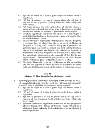 4.2. Një libër të blerjes në të cilin të gjitha blerjet dhe kthimet duhet të
          regjistrohen.
     4.3. Një ditar të pranimeve në para të gatshme (kesh) dhe një ditar të
          pagesave në para të gatshme (kesh) që lidhen me librin e shitjes dhe
          librin e blerjes.
     4.4. Një llogari kapitale, nëse është aplikueshme, që përmban bilancin e
          hapjes, shtimet në kapital, shpenzimet që do të kapitalizohen, shkalla e
          zhvlerësimit, shuma e zhvlerësimet, të gatshmet dhe bilanci mbyllës;
     4.5. Librat dhe regjistrimet e tilla të tjera sipas nevojës për të dhënë llogari të
          saktë të të gjitha të ardhurave dhe shpenzimeve ashtu që të mund të bëhet
          një përcaktim i saktë i tatimit;
     4.6. Pavarësisht kërkesës në paragrafin 1 të këtij neni që ortakëritë dhe grupet
          e personave duhet të mbajnë libra dhe regjsitrime të përshkruara në
          Paragrafin 4 të këtij Neni, ortakëritë dhe grupet e personave me
          qarkullim vjetor prej 50,000 apo më pak nuk do të kërkohet të mbajnë
          pasqyra të të ardhurave apo financiare siç kërkohet me Standardet e
          Kontabilitetit të Kosovës. Megjithatë, ato do të kërkohet të mbajnë librat
          dhe regjistrimet e përshkruara në nën-paragrafët 4.1 deri 4.5, dhe çdo
          regjistrim tjetër i kërkuar me qëllim që të përcaktohet me saktësi shuma e
          fitimit, apo humbjes, që do t‟u shpërndahet ortakëve të ndarë.
     4.7. Përmbajta e librave dhe regjistrimeve të kërkuara me këtë paragraf dhe
          çdo libër dhe regjistrim i kërkuar, përfshirë ato të mbajtura në format
          elektronik, do të përkufizohen në një akt nënligjor të lëshuar nga ministri.


                                    Neni 34
             Kërkesat për libra dhe regjistrime për bizneset e vogla

1.    Një tatimpagues me të ardhura bruto vjetore prej 50.000 euro apo më pakë, i
      cili nuk zgjedh të përgatisë librat dhe regjistrimet e kërkuara sipas paragrafit 4
      të nenit 33, duhet të mbaj librat dhe regjistrimet vijuese minimale:
     1.1. Një libër të shitjes në të cilin të gjitha shitjet dhe kthimet duhet të
            regjistrohen.
     1.2. Një libër të blerjes në të cilin të gjitha blerjet dhe kthimet duhet të
            regjistrohen.
     1.3. Një ditar të pranimeve në para të gatshme (kesh) dhe një ditar të
            pagesave në para të gatshme (kesh) që lidhen me librin e shitjes dhe
            librin e blerjes.
     1.4. Përmbajta e librave dhe regjistrimeve të kërkuara me këtë paragraf dhe
            çdo libër dhe regjistrim i kërkuar për biznesin e vogël, përfshirë ato të
            mbajtura në format elektronik, do të përkufizohen në një akt nënligjor të
            lëshuar nga ministri.




                                         425
 