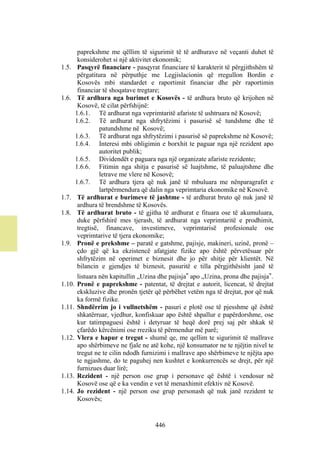 paprekshme me qëllim të sigurimit të të ardhurave në veçanti duhet të
        konsiderohet si një aktivitet ekonomik;
1.5.    Pasqyrë financiare - pasqyrat financiare të karakterit të përgjithshëm të
        përgatitura në përputhje me Legjislacionin që rregullon Bordin e
        Kosovës mbi standardet e raportimit financiar dhe për raportimin
        financiar të shoqatave tregtare;
1.6.    Të ardhura nga burimet e Kosovës - të ardhura bruto që krijohen në
        Kosovë, të cilat përfshijnë:
       1.6.1. Të ardhurat nga veprimtaritë afariste të ushtruara në Kosovë;
       1.6.2. Të ardhurat nga shfrytëzimi i pasurisë së tundshme dhe të
                 patundshme në Kosovë;
       1.6.3. Të ardhurat nga shfrytëzimi i pasurisë së paprekshme në Kosovë;
       1.6.4. Interesi mbi obligimin e borxhit te paguar nga një rezident apo
                 autoritet publik;
       1.6.5. Dividendët e paguara nga një organizate afariste rezidente;
       1.6.6. Fitimin nga shitja e pasurisë së luajtshme, të paluajtshme dhe
                 letrave me vlere në Kosovë;
       1.6.7. Të ardhura tjera që nuk janë të mbuluara me nënparagrafet e
                 lartpërmendura që dalin nga veprimtaria ekonomike në Kosovë.
1.7.    Të ardhurat e burimeve të jashtme - të ardhurat bruto që nuk janë të
        ardhura të brendshme të Kosovës.
1.8.    Të ardhurat bruto - të gjitha të ardhurat e fituara ose të akumuluara,
        duke përfshirë mes tjerash, të ardhurat nga veprimtaritë e prodhimit,
        tregtisë, financave, investimeve, veprimtarisë profesionale ose
        veprimtarive të tjera ekonomike;
1.9.    Pronë e prekshme – paratë e gatshme, pajisje, makineri, uzinë, pronë –
        çdo gjë që ka ekzistencë afatgjate fizike apo është përvetësuar për
        shfrytëzim në operimet e biznesit dhe jo për shitje për klientët. Në
        bilancin e gjendjes të biznesit, pasuritë e tilla përgjithësisht janë të
      listuara nën kapitullin „Uzina dhe pajisja‟ apo „Uzina, prona dhe pajisja‟.
1.10. Pronë e paprekshme - patentat, të drejtat e autorit, licencat, të drejtat
      ekskluzive dhe pronën tjetër që përbëhet vetëm nga të drejtat, por që nuk
      ka formë fizike.
1.11. Shndërrim jo i vullnetshëm - pasuri e plotë ose të pjesshme që është
      shkatërruar, vjedhur, konfiskuar apo është shpallur e papërdorshme, ose
      kur tatimpaguesi është i detyruar të heqë dorë prej saj për shkak të
      çfarëdo kërcënimi ose rreziku të përmendur më parë;
1.12. Vlera e hapur e tregut - shumë qe, me qellim te sigurimit të mallrave
      apo shërbimeve ne fjale ne atë kohe, një konsumator ne te njëjtin nivel te
      tregut ne te cilin ndodh furnizimi i mallrave apo shërbimeve te njëjta apo
      te ngjashme, do te paguhej nen kushtet e konkurrencës se drejt, për një
      furnizues duar lirë;
1.13. Rezident - një person ose grup i personave që është i vendosur në
      Kosovë ose që e ka vendin e vet të menaxhimit efektiv në Kosovë.
1.14. Jo rezident - një person ose grup personash që nuk janë rezident te
      Kosovës;


                                    446
 