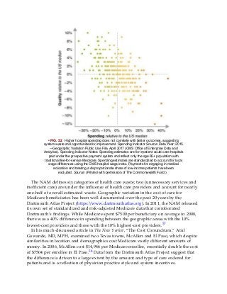 • FIG. 5.2 Higher hospital spending does not correlate with better outcomes, suggesting
system waste and opportunities for improvement. Spending Indicator Source: Data Year: 2015
—Geographic Variation Public Use File, April 2017 (CMS Office of Enterprise Data and
Analytics). Spending Indicator Notes: Spending estimates are for inpatient acute care hospitals
paid under the prospective payment system and reflect only the age 65+ population with
traditional fee-for-service Medicare. Spending estimates are standardized to account for local
wage differences using the CMS hospital wage index. Payments for engaging in medical
education and treating a disproportionate share of low-income patients have been
excluded. Source: (Printed with permission of The Commonwealth Fund.)
The NAM defines six categories of health care waste; two (unnecessary services and
inefficient care) are under the influence of health care providers and account for nearly
one-half of overall estimated waste. Geographic variation in the cost of care for
Medicare beneficiaries has been well documented over the past 20 years by the
Dartmouth Atlas Project (https://www.dartmouthatlas.org). In 2011, the NAM released
its own set of standardized and risk-adjusted Medicare data that corroborated
Dartmouth’s findings. While Medicare spent $7500 per beneficiary on average in 2008,
there was a 40% difference in spending between the geographic areas with the 10%
lowest-cost providers and those with the 10% highest-cost providers.57
In his much-discussed article in The New Yorker, “The Cost Conundrum,” Atul
Gawande, MD, MPH, examined two Texas towns, McAllen and El Paso, which despite
similarities in location and demographics cost Medicare vastly different amounts of
money. In 2006, McAllen cost $14,946 per Medicare enrollee, essentially double the cost
of $7504 per enrollee in El Paso.58 Data from the Dartmouth Atlas Project suggest that
the difference is driven to a large extent by the amount and type of care ordered for
patients and is a reflection of physician practice style and system incentives.
 