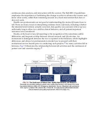 continuous data analysis, and interaction with the context. The SQUIRE 2.0 guidelines
emphasize the importance of facilitating this change in order to advance the science and
know what works, rather than remaining focused on a fixed intervention that does or
does not work.
Health care professionals are not good at understanding the stories QI teams have to
tell. There are many issues in interpreting evidence from a QI study, including whether
the intended interventions actually occurred, data quality was assessed, follow-up was
sufficiently long to allow for a drift in clinical behavior, and all patient-important
outcomes were considered.
Finally, at the heart of any QI reporting is the recognition of the sometimes-subtle
differences and frequent overlap between clinical research and QI activities. An
instrument to distinguish between the two is reported in the literature, which highlights
differences and allows for professionals to decide how to proceed with their
institutional review boards prior to conducting such projects.45 As many activities fall in
between, Fig. 7.8 illustrates the relationship between QI activities and the continuum of
patient care and scientific inquiry.45
• FIG. 7.8 The Continuum of Patient Care, Quality Improvement, and Research.
Examples are provided relating to patient care, quality improvement, and research for acute
myocardial infarction (AIM). ED, Emergency department. Source: (Reprinted with permission
from Ogrinc G, Nelson WA, Adams SM, O’Hara AE. An instrument to differentiate between
clinical research and quality improvement. IRB. 2013;35[5]:1-8.)
 