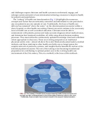 and challenges require clinicians and health systems to understand, engage, and
redesign system and point-of-care information technology resources to improve health
for patients and populations.
The “iceberg” of health care transformation (Fig. 1.2) highlights the numerous
concepts and factors that are intricately connected and interrelated to care provided to
any one patient in any one episode of care. Traditionally, the focus of health care
delivery has remained “above the water,” on the clinician-patient encounter within a
clinic, hospital, or other health care setting. Patient care must continue to be a necessary
focus of health care as well as medical education. Clinicians must be able to
communicate with patients, pursue and make accurate diagnoses about medical issues,
and determine best treatment modalities, all while using shared decision-making
processes. They must utilize the continuously updated knowledge cloud and contribute
where appropriate to discovery. These are evolving perspectives on traditional
physician-centric roles—almost all above the water. Medical education leaders, medical
students, and those studying in other health care fields can no longer ignore the
complex network of processes, systems, and insights that lie beneath the surface of the
individual patient encounter. The rest of the iceberg is fast becoming foundational
preparation for contributing to optimal patient care in the evolving health care
environment of the 21st century. This, in a nutshell, is the focus of this textbook.
• FIG. 1.2 The “Iceberg” of Health Care Concepts Impacting Health. Numerous factors and
concepts are often underappreciated in the clinician-patient interaction within a clinic room.
Traditionally, these concepts have not been included in the scope of medical education.
 