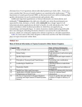 clinicians have 5 to 8 questions about individual patients per daily shift.... Some now
even consider that ‘the use of search engines is as essential as the stethoscope.’”52 The
importance of search goes beyond EBM, as clinicians must have skills in finding high-
quality information for use by professionals and patients alike.
Additional important applications of clinical informatics are telemedicine and
telehealth.53 Telemedicine is the delivery of health care when the participants are
separated by time, distance, or both, while telehealth has a larger aspect of all
telecommunications applications devoted to health. As with informatics, the “tele-”
terms sometimes reflect medical specialties in which they are applied (e.g.,
teleradiology and telepathology). A variety of practice models embracing telehealth
have now emerged, including electronic intensive care unit (e-ICU) and telestroke
services, which are commonly employed to deliver expertise to a broader population.
Table 10.1 lists some of the other chapters in this book and the role that informatics
plays in topics discussed within them.
TABLE 10.1
Role of Clinical Informatics in Topics Covered in Other Select Chapters
Chapter Title Role of Clinical Informatics
5 Value in Health Care Providing decision support to
achieve value
6 Patient Safety Early detection of, and action upon,
safety issues
7 Quality Improvement Measurement and improvement of
quality
8 Principles of Teamwork and Team Science Facilitating care coordination
among teams
9 Leadership in Health Care Allowing leaders to make better
decisions
11 Population Health Management and surveillance of
populations
14 Health Care Policy and Economics Evidence to inform policy decisions
15 Application of Health Systems Science
Competencies in Patient Care
Access to evidence-based
information
16 The Use of Assessment to Support Students’
Learning and Improvement in Health Systems
Science
Access to quality data and clinical
evidence to improve delivery of
care
 