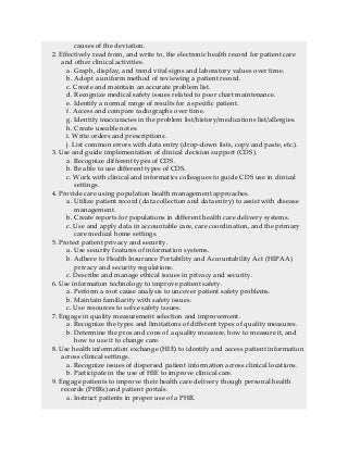 causes of the deviation.
2. Effectively read from, and write to, the electronic health record for patient care
and other clinical activities.
a. Graph, display, and trend vital signs and laboratory values over time.
b. Adopt a uniform method of reviewing a patient record.
c. Create and maintain an accurate problem list.
d. Recognize medical safety issues related to poor chart maintenance.
e. Identify a normal range of results for a specific patient.
f. Access and compare radiographs over time.
g. Identify inaccuracies in the problem list/history/medications list/allergies.
h. Create useable notes.
i. Write orders and prescriptions.
j. List common errors with data entry (drop-down lists, copy and paste, etc.).
3. Use and guide implementation of clinical decision support (CDS).
a. Recognize different types of CDS.
b. Be able to use different types of CDS.
c. Work with clinical and informatics colleagues to guide CDS use in clinical
settings.
4. Provide care using population health management approaches.
a. Utilize patient record (data collection and data entry) to assist with disease
management.
b. Create reports for populations in different health care delivery systems.
c. Use and apply data in accountable care, care coordination, and the primary
care medical home settings.
5. Protect patient privacy and security.
a. Use security features of information systems.
b. Adhere to Health Insurance Portability and Accountability Act (HIPAA)
privacy and security regulations.
c. Describe and manage ethical issues in privacy and security.
6. Use information technology to improve patient safety.
a. Perform a root cause analysis to uncover patient safety problems.
b. Maintain familiarity with safety issues.
c. Use resources to solve safety issues.
7. Engage in quality measurement selection and improvement.
a. Recognize the types and limitations of different types of quality measures.
b. Determine the pros and cons of a quality measure, how to measure it, and
how to use it to change care.
8. Use health information exchange (HIE) to identify and access patient information
across clinical settings.
a. Recognize issues of dispersed patient information across clinical locations.
b. Participate in the use of HIE to improve clinical care.
9. Engage patients to improve their health care delivery though personal health
records (PHRs) and patient portals.
a. Instruct patients in proper use of a PHR.
 