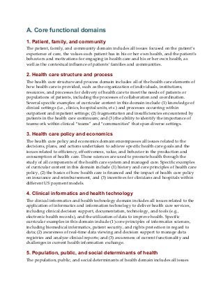 A. Core functional domains
1. Patient, family, and community
The patient, family, and community domain includes all issues focused on the patient’s
experience of care, the values each patient has in his or her own health, and the patient’s
behaviors and motivations for engaging in health care and his or her own health, as
well as the contextual influence of patients’ families and communities.
2. Health care structure and process
The health care structure and process domain includes all of the health care elements of
how health care is provided, such as the organization of individuals, institutions,
resources, and processes for delivery of health care to meet the needs of patients or
populations of patients, including the processes of collaboration and coordination.
Several specific examples of curricular content in this domain include (1) knowledge of
clinical settings (i.e., clinics, hospital units, etc.) and processes occurring within
outpatient and inpatient settings; (2) fragmentation and insufficiencies encountered by
patients in the health care continuum; and (3) the ability to identify the importance of
teamwork within clinical “teams” and “communities” that span diverse settings.
3. Health care policy and economics
The health care policy and economics domain encompasses all issues related to the
decisions, plans, and actions undertaken to achieve specific health care goals and the
issues related to efficiency, effectiveness, value, and behavior in the production and
consumption of health care. These sciences are used to promote health through the
study of all components of the health care system and managed care. Specific examples
of curricular content in this domain include (1) history and core principles of health care
policy, (2) the basics of how health care is financed and the impact of health care policy
on insurance and reimbursement, and (3) incentives for clinicians and hospitals within
different US payment models.
4. Clinical informatics and health technology
The clinical informatics and health technology domain includes all issues related to the
application of informatics and information technology to deliver health care services,
including clinical decision support, documentation, technology, and tools (e.g.,
electronic health records), and the utilization of data to improve health. Specific
curricular examples in this domain include (1) core principles of informatics sciences,
including biomedical informatics, patient security, and rights protection in regard to
data; (2) awareness of real-time data viewing and decision support to manage data
registries and analyze clinical reports; and (3) awareness of current functionality and
challenges in current health information exchange.
5. Population, public, and social determinants of health
The population, public, and social determinants of health domain includes all issues
 