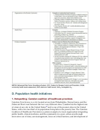BRFSS, Behavioral Risk Factor Surveillance System; CDC, Centers for Disease Control and Prevention; CHNA,
community health needs assessment; EHR, electronic health record; HbA1c, hemoglobin A1c.
D. Population health initiatives
1. Hotspotting: Camden coalition of healthcare providers
Camden, New Jersey, is a city located across from Philadelphia, Pennsylvania, and the
Delaware River runs between the two very different cities. Camden has the highest rate
of crime of any city in the United States63 and is one of the poorest cities in the United
States, with over one-third of its population living below the poverty line. The Camden
Coalition of Healthcare Providers is a prime example of a local organization integrating
public health, clinical medicine, and the community in a poor, urban area through
innovative use of data, care management, focus on critical barriers, and development of
 