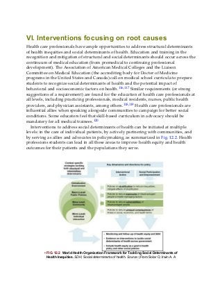VI. Interventions focusing on root causes
Health care professionals have ample opportunities to address structural determinants
of health inequities and social determinants of health. Education and training in the
recognition and mitigation of structural and social determinants should occur across the
continuum of medical education (from premedical to continuing professional
development). The Association of American Medical Colleges and the Liaison
Committee on Medical Education (the accrediting body for Doctor of Medicine
programs in the United States and Canada) call on medical school curricula to prepare
students to recognize social determinants of health and the potential impact of
behavioral and socioeconomic factors on health.116,117 Similar requirements (or strong
suggestions of a requirement) are found for the education of health care professionals at
all levels, including practicing professionals, medical residents, nurses, public health
providers, and physician assistants, among others.118,119 Health care professionals are
influential allies when speaking alongside communities to campaign for better social
conditions. Some educators feel that skill-based curriculum in advocacy should be
mandatory for all medical trainees.120
Interventions to address social determinants of health can be initiated at multiple
levels: in the care of individual patients, by actively partnering with communities, and
by serving as allies and advocates in policymaking, as summarized in Fig. 12.2. Health
professions students can lead in all these areas to improve health equity and health
outcomes for their patients and the populations they serve.
• FIG. 12.2 World Health Organization Framework for Tackling Social Determinants of
Health Inequities. SDH, Social determinants of health. Source: (From Solar O, Irwin A. A
 