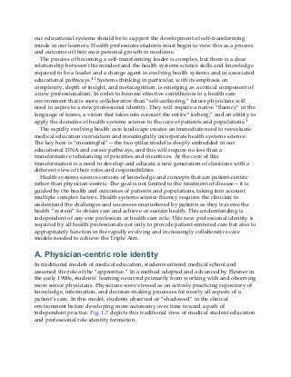 our educational systems should be to support the development of self-transforming
minds in our learners. Health professions students must begin to view this as a process
and outcome of their own personal growth in medicine.
The process of becoming a self-transforming leader is complex, but there is a clear
relationship between this mindset and the health systems science skills and knowledge
required to be a leader and a change agent in evolving health systems and in associated
educational pathways.41 Systems thinking in particular, with its emphasis on
complexity, depth of insight, and metacognition, is emerging as a critical component of
a new professionalism. In order to become effective contributors to a health care
environment that is more collaborative than “self-authoring,” future physicians will
need to aspire to a new professional identity. They will require a native “fluency” in the
language of teams, a vision that takes into account the entire “iceberg,” and an ability to
apply the domains of health systems science to the care of patients and populations.1
The rapidly evolving health care landscape creates an immediate need to reevaluate
medical education curriculum and meaningfully incorporate health systems science.
The key here is “meaningful”—the two-pillar model is deeply embedded in our
educational DNA and career pathways, and this will require no less than a
transformative rebalancing of priorities and incentives. At the core of this
transformation is a need to develop and educate a new generation of clinicians with a
different view of their roles and responsibilities.
Health systems science consists of knowledge and concepts that are patient-centric
rather than physician-centric. The goal is not limited to the treatment of disease—it is
guided by the health and outcomes of patients and populations, taking into account
multiple complex factors. Health systems science fluency requires the clinician to
understand the challenges and successes encountered by patients as they traverse the
health “system” to obtain care and achieve or sustain health. This understanding is
independent of any one profession or health care role. This new professional identity is
required by all health professionals not only to provide patient-centered care but also to
appropriately function in the rapidly evolving and increasingly collaborative care
models needed to achieve the Triple Aim.
A. Physician-centric role identity
In traditional models of medical education, students entered medical school and
assumed the role of the “apprentice.” In a method adopted and advanced by Flexner in
the early 1900s, students’ learning occurred primarily from working with and observing
more senior physicians. Physicians were viewed as an actively practicing repository of
knowledge, information, and decision-making processes for nearly all aspects of a
patient’s care. In this model, students observed or “shadowed” in the clinical
environment before developing more autonomy over time toward a path of
independent practice. Fig. 1.7 depicts this traditional view of medical student education
and professional role identity formation.
 