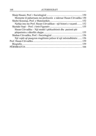 168 AUTOBIOGRAFI
Shaip Hasani, Prof. i Sociologjisë ........................................................150
Momente të paharruara me profesorin e nderuar Hasan Cërvadiku 150
Shehri Krasniqi, Prof. e Matematikës...................................................152
Njohja ime me Prof. Hasan Cërvadikun - një histori e veçantë........152
Skender Sopi – Prof. i Artit Figurativ...................................................155
Hasan Cërvadiku – Një model i përkushtimit dhe pasionit për
përparimin e shkollës shqipe ............................................................155
Shaban Cërvadiku, Prof. i Sociologjisë................................................156
Një vepër që pasqyron rrugëtimin jetësor të një mësimdhënësi .......156
Prof. Hasan Cërvadiku..............................................................................159
Biografia............................................................................................... 159
PËRMBAJTJA .........................................................................................166
 