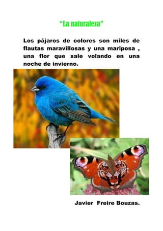 “La naturaleza”

Los pájaros de colores son miles de
flautas maravillosas y una mariposa ,
una flor que sale volando en una
noche de invierno.




                Javier Freire Bouzas.
 
