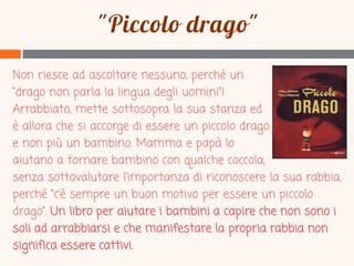 Non riesce ad ascoltare nessuno, perché un
“drago non parla la lingua degli uomini”!
Arrabbiato, mette sottosopra la sua stanza ed
è allora che si accorge di essere un piccolo drago
e non più un bambino. Mamma e papà lo
aiutano a tornare bambino con qualche coccola,
senza sottovalutare l’importanza di riconoscere la sua rabbia,
perché “c’è sempre un buon motivo per essere un piccolo
drago”. Un libro per aiutare i bambini a capire che non sono i
soli ad arrabbiarsi e che manifestare la propria rabbia non
significa essere cattivi.

 