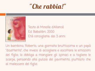 Testo di Mireille d’Allancé
Ed. Babalibri, 2000
Età consigliata: dai 3 anni
Un bambino, Roberto, una giornata bruttissima e un papà
“disattento”, che invece di accogliere e ascoltare le emozioni
del figlio, lo obbliga a mangiare gli spinaci e a togliere le
scarpe, pensando alla pulizia del pavimento, piuttosto che
al malessere del figlio.

 