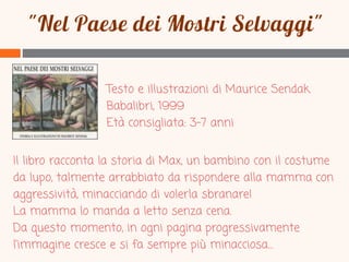 Testo e illustrazioni di Maurice Sendak
Babalibri, 1999
Età consigliata: 3-7 anni
Il libro racconta la storia di Max, un bambino con il costume
da lupo, talmente arrabbiato da rispondere alla mamma con
aggressività, minacciando di volerla sbranare!
La mamma lo manda a letto senza cena.
Da questo momento, in ogni pagina progressivamente
l’immagine cresce e si fa sempre più minacciosa…

 