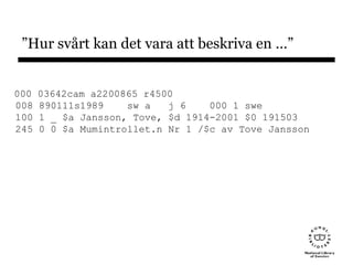 000 03642cam a2200865 r4500
008 890111s1989 sw a j 6 000 1 swe
100 1 _ $a Jansson, Tove, $d 1914-2001 $0 191503
245 0 0 $a Mumintrollet.n Nr 1 /$c av Tove Jansson
”Hur svårt kan det vara att beskriva en …”
 