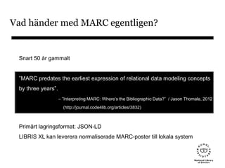 Vad händer med MARC egentligen?
Snart 50 år gammalt
”MARC predates the earliest expression of relational data modeling concepts
by three years”.
– ”Interpreting MARC: Where’s the Bibliographic Data?” / Jason Thomale, 2012
(http://journal.code4lib.org/articles/3832)
Primärt lagringsformat: JSON-LD
LIBRIS XL kan leverera normaliserade MARC-poster till lokala system
 