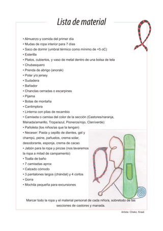 Listadematerial
• Almuerzo y comida del primer día
• Mudas de ropa interior para 7 días
• Saco de dormir (umbral térmico como mínimo de +5 oC)
• Esterilla
• Platos, cubiertos, y vaso de metal dentro de una bolsa de tela
• Chubasquero
• Prenda de abrigo (anorak)
• Polar y/o jersey
• Sudadera
• Bañador
• Chanclas cerradas o escarpines
• Pijama
• Botas de montaña
• Cantimplora
• Linterna con pilas de recambio
• Camiseta o camisa del color de la sección (Castores/naranja,
Manada/amarillo, Tropa/azul, Pioneros/rojo, Clan/verde)
• Pañoleta (los niños/as que la tengan)
• Neceser: Pasta y cepillo de dientes, gel y
champú, peine, pañuelos, crema solar,
desodorante, esponja, crema de cacao
• Jabón para la ropa y pinzas (nos lavaremos
la ropa a mitad de campamento)
• Toalla de baño
• 7 camisetas aprox
• Calzado cómodo
• 3 pantalones largos (chándal) y 4 cortos
• Gorra
• Mochila pequeña para excursiones
Marcar todo la ropa y el material personal de cada niño/a, sobretodo de las
secciones de castores y manada.
Artista: Cheko, Kraal.
 