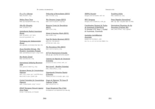 EN   LEGÍTIMA DESOBEDIENCIA                                                                INTRODUCCIÓN

B o s N e t (Bosnia)                     Fellowship of Reconciliation (EEUU)          SERPAJ Ecuador                          Swadhina (India)
www.bosnet.org                           www.forusa.org                               serpaj(at)ecuanex.net.ec                www.swadhina.org

Balkan Peace Team                        War Resisters League (EEUU)                  MOC Paraguay                            Peace Brigades International
www.balkanpeaceteam.org                  www.nonviolence.org/wrl                      serpaj(at)conexion.com.py               www.igc.apc.org/pbi/pbi-d.html

Alba Kör (Hungría)                       Resource Center for Nonviolence              Coordinadora Nacional de Viudas         International Physicians for the
www.albakor.hu                           (EEUU)                                       de Guatemala (CONAVIGUA)                Prevention of Nuclear War
                                         www.rcnv.org                                 7a Avenida 4-35, Zona 1, Ciudad         www.healthnet.org/ippnw/
Antimilitarist Radical Association                                                    de Guatemala, Guatemala
(Rusia)                                  School of Americas Watch (EEUU)
www.glasnet.ru/~ara                      www.soaw.org                                 Australian Anti-Militarism
ara(at)glasnet.ru                                                                     (Australia)
                                         Food Not Bombs Movement (EEUU)               amweb(at)hotmail.com
Vereinigung der Soldatenmütter           webcom.com/peace                             www.foe.on.net/antimilweb/AMWeb.htm
(Rusia)                                  sffnb(at)iww.org
www.openweb.ru/windows/smo/smo.htm
                                         The Nonviolence Web (EEUU)
Savas Karsitlari Dernegi - War           www.nonviolence.org
Resisters’ Association (Turquía)
www.savaskarsitlari.org/iskd             ACT for Disarmament (Canadá)
                                         www.gn.apc.org/the-activist
                                                                   .org/act
Bat Shalom (Israel)
www.batshalom.org                        Colectivo de Objeción de Conciencia
                                         (Colombia)
International Solidarity Movement        colectivo(at)inter.net.co
(ISM)
www.palsolidarity.org                    Red Juvenil – Medellín (Colombia)
                                         www.redjuvenil.org
European Bureau for Conscientious
Objection                                Organización Femenina Popular
www.club.innet.be/~ind2088/ebco          (Colombia)
ebco(at)club.innet.be                    femenina(at)colnodo.apc.org

Central Committee for Conscientious      Grupo de Objetores “Ni Casco Ni
Objectors                                Uniforme” (Chile)
www.libertynet.org/~ccco/                www.objecion.cl

ENAAT (European Network Against          Grupo Rompiendo Filas (Chile)
Arms Trade)                              entodaspartes.org/rompiendofilas/index.php
http://antenna.nl/enaat



                                     390                                                                                    391
 