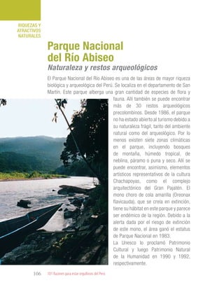 101 Razones para estar orgullosos del Perú106
RIQUEZAS Y
ATRACTIVOS
NATURALES
El Parque Nacional del Río Abiseo es una de las áreas de mayor riqueza
biológica y arqueológica del Perú. Se localiza en el departamento de San
Martín. Este parque alberga una gran cantidad de especies de flora y
fauna. Allí también se puede encontrar
más de 30 restos arqueológicos
precolombinos. Desde 1986, el parque
no ha estado abierto al turismo debido a
su naturaleza frágil, tanto del ambiente
natural como del arqueológico. Por lo
menos existen siete zonas climáticas
en el parque, incluyendo bosques
de montaña, húmedo tropical, de
neblina, páramo o puna y seco. Allí se
puede encontrar, asimismo, elementos
artísticos representativos de la cultura
Chachapoyas, como el complejo
arquitectónico del Gran Pajatén. El
mono choro de cola amarilla (Oreonax
flavicauda), que se creía en extinción,
tiene su hábitat en este parque y parece
ser endémico de la región. Debido a la
alerta dada por el riesgo de extinción
de este mono, el área ganó el estatus
de Parque Nacional en 1983.
La Unesco lo proclamó Patrimonio
Cultural y luego Patrimonio Natural
de la Humanidad en 1990 y 1992,
respectivamente.
Parque Nacional
del Río Abiseo
Naturaleza y restos arqueológicos
 