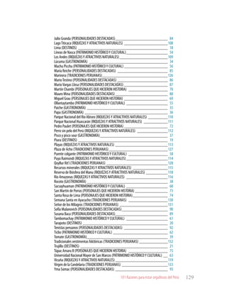 101 Razones para estar orgullosos del Perú 129
Julio Granda (PERSONALIDADES DESTACADAS)_________________________ 84
LagoTiticaca (RIQUEZASY ATRACTIVOS NATURALES)_____________________108
Lima (DESTINOS)_ _________________________________________ 18
Líneas de Nasca (PATRIMONIO HISTÓRICOY CULTURAL)____________________ 54
Los Andes (RIQUEZASY ATRACTIVOS NATURALES)_______________________109
Lúcuma (GASTRONOMÍA)_ ____________________________________ 34
Machu Picchu (PATRIMONIO HISTÓRICOY CULTURAL)_____________________ 56
María Reiche (PERSONALIDADES DESTACADAS)_ _______________________ 85
Marinera (TRADICIONES PERUANAS)_______________________________126
MarioTestino (PERSONALIDADES DESTACADAS)________________________ 86
MarioVargas Llosa (PERSONALIDADES DESTACADAS)_____________________ 87
Martín Chambi (PERSONAJES QUE HICIERON HISTORIA)_ __________________ 70
Mauro Mina (PERSONALIDADES DESTACADAS)_________________________ 88
Miguel Grau (PERSONAJES QUE HICIERON HISTORIA)_____________________ 69
Ollantaytambo (PATRIMONIO HISTÓRICOY CULTURAL)____________________ 55
Paiche (GASTRONOMÍA)______________________________________ 35
Papa (GASTRONOMÍA)_______________________________________ 36
Parque Nacional del Río Abiseo (RIQUEZASY ATRACTIVOS NATURALES)__________110
Parque Nacional Huascarán (RIQUEZASY ATRACTIVOS NATURALES)_ ___________111
Pedro Paulet (PERSONAJES QUE HICIERON HISTORIA)_____________________ 72
Perro sin pelo del Perú (RIQUEZASY ATRACTIVOS NATURALES)_ ______________112
Pisco y pisco sour (GASTRONOMÍA)________________________________ 37
Piura (DESTINOS)__________________________________________ 19
Playas (RIQUEZASY ATRACTIVOS NATURALES)_________________________113
Plaza de Acho (TRADICIONES PERUANAS)____________________________127
Puente colgante (PATRIMONIO HISTÓRICOY CULTURAL)_ __________________ 58
Puya Raimondi (RIQUEZASY ATRACTIVOS NATURALES)____________________114
Qoyllur Rit’i (TRADICIONES PERUANAS)_____________________________128
Recursos minerales (RIQUEZASY ATRACTIVOS NATURALES)_ ________________115
Reserva de Biósfera del Manu (RIQUEZASY ATRACTIVOS NATURALES)___________118
Río Amazonas (RIQUEZASY ATRACTIVOS NATURALES)_ ___________________116
Rocoto (GASTRONOMÍA)______________________________________ 38
Sacsayhuaman (PATRIMONIO HISTÓRICOY CULTURAL)____________________ 60
San Martín de Porras (PERSONAJES QUE HICIERON HISTORIA)________________ 73
Santa Rosa de Lima (PERSONAJES QUE HICIERON HISTORIA)_________________ 74
Semana Santa en Ayacucho (TRADICIONES PERUANAS)_ __________________130
Señor de los Milagros (TRADICIONES PERUANAS)_ ______________________131
Sofía Mulanovich (PERSONALIDADES DESTACADAS)______________________ 90
Susana Baca (PERSONALIDADES DESTACADAS)_________________________ 89
Tambomachay (PATRIMONIO HISTÓRICOY CULTURAL)_ ___________________ 61
Tarapoto (DESTINOS)________________________________________ 20
Tenistas peruanos (PERSONALIDADES DESTACADAS)_ ____________________ 92
Ticlio (PATRIMONIO HISTÓRICOY CULTURAL)__________________________ 62
Tomate (GASTRONOMÍA)______________________________________ 39
Tradicionales vestimentas folclóricas (TRADICIONES PERUANAS)______________132
Trujillo (DESTINOS)_________________________________________ 21
Túpac Amaru II (PERSONAJES QUE HICIERON HISTORIA)_ __________________ 75
Universidad Nacional Mayor de San Marcos (PATRIMONIO HISTÓRICOY CULTURAL)_ __ 63
Vicuña (RIQUEZASY ATRACTIVOS NATURALES)_________________________119
Virgen de la Candelaria (TRADICIONES PERUANAS)______________________133
Yma Súmac (PERSONALIDADES DESTACADAS)_________________________ 93
 