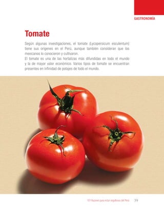 101 Razones para estar orgullosos del Perú 39
GASTRONOMÍA
Según algunas investigaciones, el tomate (Lycopersicum esculentum)
tiene sus orígenes en el Perú, aunque también consideran que los
mexicanos lo conocieron y cultivaron.
El tomate es una de las hortalizas más difundidas en todo el mundo
y la de mayor valor económico. Varios tipos de tomate se encuentran
presentes en infinidad de potajes de todo el mundo.
Tomate
 