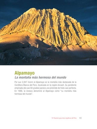 101 Razones para estar orgullosos del Perú 95
RIQUEZAS Y
ATRACTIVOS
NATURALES
Por sus 5,947 msnm el Alpamayo es la montaña más destacada de la
Cordillera Blanca del Perú, localizada en la región Ancash. Su pendiente
empinada (de casi 60 grados) parece una pirámide de hielo casi perfecta.
En 1966, la Unesco denominó al Alpamayo como “La montaña más
hermosa del mundo”.
Alpamayo
La montaña más hermosa del mundo
 