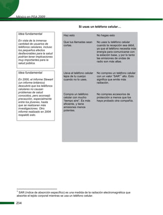 México en PISA 2009


                                                Si usas un teléfono celular…

    Idea fundamental                Haz esto                    No hagas esto
    En vista de la inmensa
                                    Que tus llamadas sean       No uses tu teléfono celular
    cantidad de usuarios de
                                    cortas.                     cuando la recepción sea débil,
    teléfonos celulares, incluso
                                                                ya que el teléfono necesita más
    los pequeños efectos
                                                                energía para comunicarse con
    desfavorables para la salud
                                                                la estación base, y por lo tanto
    podrían tener implicaciones
                                                                las emisiones de ondas de
    muy importantes para la
                                                                radio son más altas.
    salud pública.


    Idea fundamental                Lleva el teléfono celular   No compres un teléfono celular
                                                                                    1
                                    lejos de tu cuerpo          con un valor “SAR” alto. Esto
    En 2000, el Informe Stewart     cuando no lo uses.          significa que emite más
    (un informe británico)                                      radiación.
    descubrió que los teléfonos
    celulares no causan
    problemas de salud
                                    Compra un teléfono          No compres accesorios de
    conocidos, pero aconsejó
                                    celular con mucho           protección a menos que los
    precaución, especialmente
                                    “tiempo aire”. Es más       haya probado otra compañía.
    entre los jóvenes, hasta
    que se realizaran más           eficiente, y tiene
    investigaciones. Otro           emisiones menos
    informe realizado en 2004       potentes.
    respaldó esto.




1
 SAR (índice de absorción específico) es una medida de la radiación electromagnética que
absorbe el tejido corporal mientras se usa un teléfono celular.

234
 
