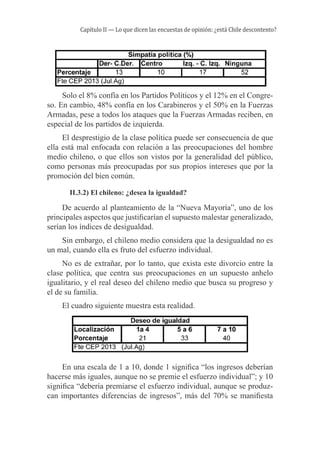 Capítulo II — Lo que dicen las encuestas de opinión: ¿está Chile descontento?

Solo el 8% confía en los Partidos Políticos y el 12% en el Congreso. En cambio, 48% confía en los Carabineros y el 50% en la Fuerzas
Armadas, pese a todos los ataques que la Fuerzas Armadas reciben, en
especial de los partidos de izquierda.
El desprestigio de la clase política puede ser consecuencia de que
ella está mal enfocada con relación a las preocupaciones del hombre
medio chileno, o que ellos son vistos por la generalidad del público,
como personas más preocupadas por sus propios intereses que por la
promoción del bien común.
II.3.2) El chileno: ¿desea la igualdad?

De acuerdo al planteamiento de la “Nueva Mayoría”, uno de los
principales aspectos que justificarían el supuesto malestar generalizado,
serían los índices de desigualdad.
Sin embargo, el chileno medio considera que la desigualdad no es
un mal, cuando ella es fruto del esfuerzo individual.
No es de extrañar, por lo tanto, que exista este divorcio entre la
clase política, que centra sus preocupaciones en un supuesto anhelo
igualitario, y el real deseo del chileno medio que busca su progreso y
el de su familia.
El cuadro siguiente muestra esta realidad.

En una escala de 1 a 10, donde 1 significa “los ingresos deberían
hacerse más iguales, aunque no se premie el esfuerzo individual”; y 10
significa “debería premiarse el esfuerzo individual, aunque se produzcan importantes diferencias de ingresos”, más del 70% se manifiesta

 