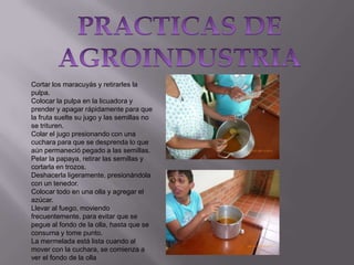 Cortar los maracuyás y retirarles la
pulpa.
Colocar la pulpa en la licuadora y
prender y apagar rápidamente para que
la fruta suelte su jugo y las semillas no
se trituren.
Colar el jugo presionando con una
cuchara para que se desprenda lo que
aún permaneció pegado a las semillas.
Pelar la papaya, retirar las semillas y
cortarla en trozos.
Deshacerla ligeramente, presionándola
con un tenedor.
Colocar todo en una olla y agregar el
azúcar.
Llevar al fuego, moviendo
frecuentemente, para evitar que se
pegue al fondo de la olla, hasta que se
consuma y tome punto.
La mermelada está lista cuando al
mover con la cuchara, se comienza a
ver el fondo de la olla

 