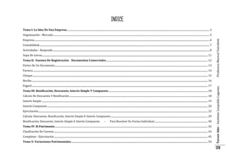 INDICE
Tema I: La Idea De Una Empresa ........................................................................................................................................................................................................................................ 3
Empresa ............................................................................................................................................................................................................................................................................................. 6
Contabilidad ..................................................................................................................................................................................................................................................................................... 7
Actividades - Responde ............................................................................................................................................................................................................................................................... 8
Sopa De Letras.............................................................................................................................................................................................................................................................................. 11
Tema II: Fuentes De Registración: Documentos Comerciales...................................................................................................................................................................... 12
Partes De Un Documento......................................................................................................................................................................................................................................................... 13
Factura ............................................................................................................................................................................................................................................................................................ 14
Cheque ............................................................................................................................................................................................................................................................................................. 15

Profesora Maricel Vairoletti

Organización - Mercado .............................................................................................................................................................................................................................................................. 5

Pagaré .............................................................................................................................................................................................................................................................................................. 17
Tema III: Bonificación, Descuento, Interés Simple Y Compuesto.................................................................................................................................................................. 18
Cálculo De Descuento Y Bonificación ................................................................................................................................................................................................................................. 18
Interés Simple .............................................................................................................................................................................................................................................................................. 19
Interés Compuesto ..................................................................................................................................................................................................................................................................... 20
Ejercitación.................................................................................................................................................................................................................................................................................... 22
Calcula: Descuento, Bonificación, Interés Simple E Interés Compuesto .............................................................................................................................................................. 29
Bonificación, Descuento, Interés Simple E Interés Compuesto

-

Para Resolver En Forma Individual ....................................................................................... 40

Tema IV: El Patrimonio ......................................................................................................................................................................................................................................................... 42
Clasificación De Cuentas .......................................................................................................................................................................................................................................................... 43
Completar - Ejercitación .......................................................................................................................................................................................................................................................... 45
Tema V: Variaciones Patrimoniales............................................................................................................................................................................................................................... 54

Tercer Año – Instituto Leopoldo Lugones

Recibo .............................................................................................................................................................................................................................................................................................. 16

128

 