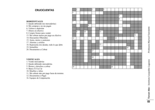 VERTICALES
1. Vendo mercaderías
2. Quedo debiendo mercaderías
5. Bienes y derechos a cobrar
9. Banco X Cta Cte
10. Muebles y útiles
11. Me cobran más por pago fuera de termino
12. Documentos a Pagar
16. Equipos de Computación

Tercer Año – Instituto Leopoldo Lugones

HORIZONTALES
3. Quedo debiendo (no mercaderías)
4. Me compran y no me pagan
6. Valores a depositar
7. Dinero en efectivo
8. Compro bienes para vender
13. Me cobran menos por pago en efectivo
14. Descuentos Obtenidos
CRUCIGRAMA
15. Autos, motos y camiones
17. Alarmas y carteles
18. Representa mis deudas, todo lo que debo
19. Inmuebles
20. Documentos a Cobrar

Profesora Maricel Vairoletti

CRUCICUENTAS

69

 