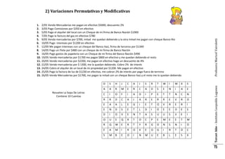 2) Variaciones Permutativas y Modificativas

Profesora Maricel Vairoletti

2/05 Vendo Mercaderías me pagan en efectivo $5000, descuento 2%
3/05 Pago Comisiones por $350 en efectivo
5/05 Pago el alquiler del local con un Cheque de mi firma de Banco Nación $1900
7/05 Pago la factura del gas en efectivo $780
9/05 Vendo mercaderías por $700, mitad me quedan debiendo y la otra mitad me pagan con cheque Banco Río
10/05 Pago intereses por $1200 en efectivo
12/05 Me pagan intereses con un cheque del Banco Itaú, firma de terceros por $1340
14/05 Pago un Flete por $480 con un cheque de mi firma de Banco Nación
16/05 Pago gastos de papelería con un Cheque de mi firma del Banco Nación $490
19/05 Vendo mercaderías por $1700 me pagan $800 en efectivo y me quedan debiendo el resto
20/05 Vendo mercaderías por $2200, me pagan en efectivo hago un descuento de 4%
22/05 Vendo mercaderías por $ 1300, me la quedan debiendo. Cobro 2% de interés
24/05 Cobro el alquiler de un local de mi propiedad por $1200. Me pagan en efectivo
25/05 Pago la factura de luz de $1230 en efectivo, me cobran 2% de interés por pago fuera de termino
26/05 Vendo Mercaderías por $1700, me pagan la mitad con un cheque Banco Itaú y el resto me lo quedan debiendo
D

H

J

C

A

J

S

R

T

W

I

M

X

S

A
Resuelve La Sopa De Letras
Contiene 10 Cuentas

S
A

R

M

E

R

C

A

D

S

E

N

I

A

E

C

I

O

F

I

A

D

I

P

E

T

T

N

C

N

R

R

D

C

A

J

A

R

E

R

R

E

V

R

O

E

A

A

L

E

G

I

E

T

O

V

R

E

R

I

E

N

D

S

E

T

L

D

I

D

E

E

O

E

S

D

I

O

V

E

N

T

A

S

U

U

S

V

E

I

O

U

S

Q

R

T

O

C

P

E

M

E

E

T

M

R

Q

W

E

R

T

Y

R

G

D

N

S

N

I

O

E

A

M

I

R

O

X

E

O

G

I

R

T

D

C

S

M

B

E

O

I

N

M

U

E

B

L

E

S

X

Tercer Año – Instituto Leopoldo Lugones

1.
2.
3.
4.
5.
6.
7.
8.
9.
10.
11.
12.
13.
14.
15.

75

 
