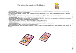 Tercer Año – Instituto Leopoldo Lugones

1. 3/07 Factura Original “Skin” comienza su actividad comercial dedicada a la compra venta de bolsos y carteras. Compra $15800 en mercaderías, paga
mitad en efectivo y por la otra mitad entrega un pagaré.
2. 4/07 Factura Original Compra a la empresa “Forest” lo siguiente: 20 carteras de gamuza a $1120 c/u , abona la mitad en efectivo y el resto lo adeuda en
c/c sin documentar.
3. 6/07 Factura Duplicado Vende a la Sra Legrand 1 cartera de gamuza a $1165, entrega $900 en efectivo y queda debiendo el resto
4. 8/07 Recibo Original Paga el alquiler de julio por $1900 con un cheque de Banco Nación
5. 10/07 Factura Duplicado Realiza una venta a “Piazza”: 5 carteras de gamuza a $1760 c/u. Sobre el total de la factura realiza un descuento del 10%, cobra
la mitad en efectivo y la otra mitad con cheques Banco Suquía (de terceros)
6. 12/07 Recibo Original Abona Comisiones al señor Cella por $920 con un cheque Banco Nación.
7. 15/07 Recibo Original Documenta la deuda sin documentar de la operación Nº 2 con un Pagaré.
8. 16/07 Recibo Duplicado: Cobra con un cheque de Banco Suquía lo que quedaron debiendo en la operación N° 3
9. 18/07 Recibo Original: Paga en efectivo el Documento de la operación N° 7
10. 24/07 Factura Duplicado: Realiza una venta al sr Julio Barros, 2 bolsos de $1880 c/u , le quedan debiendo en Cta Cte sin documentar (fiado), cobra un 2%
de interés.

Profesora Maricel Vairoletti

4) Variaciones Permutativas y Modificativas

82

 
