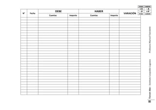 DEBE

Cuentas

HABER

Importe
Cuentas
Importe

Profesora Maricel Vairoletti

Fecha

Tercer Año – Instituto Leopoldo Lugones

N°

VARIACIÓN

90

 
