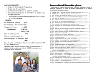 DOCUMENTACIÓN
Copia de Certificado de Preparatoria
Copia acta de nacimiento
Carta de recomendación de la iglesia o pastor
Carta de recomendación de 2 miembros de la iglesia que
no sean familiares.
*Contamos con preparatoria escolarizada con un costo
de $700.00 mensual.
FINANZAS
Por Alimentación Mensual $950
Por Hospedaje y otros servicios $320
Colegiatura Por Mes $600
Total Mensual $ 1870.00
DEDUCCIÓN
Beca de trabajo por mes $800
Ofrenda mensual por parte del
Alumno o iglesia o vía despensa. $600
$1400
Beca de apoyo o condonación al alumno es la diferencia entre $1400
a $1870 que es $870.00
Se espera que el alumno trabaje 20 horas por semana y que su
iglesia o familia envié una ofrenda de $600.00 mensuales para
aligerar la carga alimenticia.
Para conservar nuestro testimonio como institución educativa cristiana, el
Seminario contará con un comité de disciplina reglamentado por un sistema
demeritorio de la siguiente manera:
1. Llegar tarde a las clases, comidas, estudio, devocional, etc.- --------- 3
2. La falta de honradez (mentir, maldecir o chismes)-------------------- 10
3. Por infringir las reglas del vestir----------------------------------------- - 5
4. Por no arreglarse el pelo o rasurarse la barba y bigote ------------- -4
5. Por salir sin permiso ----------------------------------------------- -------- 8
6. Por no llevar a cabo su devocional personal ---------------------------- 3
7. Por noviar sin permiso correspondiente----------------------------------- 15
8. Por platicar a solas entre sexos opuestos -------------------- ----------- 5
9. Por contacto físico mínimo entre sexos opuestos ----------------------- 3
10. Por maltratar las instalaciones, muebles y herramientas----- 12
11. Por robo ------------------------------------------------------ ------------- 20
12. Por platicar, hacer escándalo o ruido en tiempo de estudio -------- 3
13. Por no arreglar su cama y demás pertenencias------------------------- 3
14. Por poseer posters o revistas mundanas, alcohol, tabaco------------ 35
15. Por desperdiciar la comida----------------------------------------------- 5
16. Por desorden en el culto de la iglesia------------------------------------ 6
17. Por masticar chicle en clase, devocionales, y cultos------------- ----- 6
18. Por levantarse tarde-------------------------------------------------------- 3
19. Por dormirse después de la hora establecida--------------------------- 3
20. Por no hacer su aseo matutino o trabajo asignado--------------- ---- 3
21. Por no hacer bien su aseo o trabajo asignado------------------------- 2
22. Por discutir---------------------------------------------------------------- 5
23. Por agredir físicamente (en lo mínimo)--------------------- ---------- 15
24. Por dormir en tiempo de estudio, clase y devocional----------------- 3
25. Por mala actitud (Crítica, queja, burla)--------------------------------- 5
26. Por no asistir a las actividades propias del seminario dentro
y fuera del seminario…………………………………………………. 5
27. Por usar expresiones vulgares---------------------------------------------- 3
28. Por faltar respeto a la autoridad------------------------------------------- 15
29. Por faltar respeto a los compañeros: (crítica, burla, bromas
pesadas, apodos, y juego tosco) ----------------------------------------------10
30. Por desobediencia directa a la autoridad inmediata------------------ 15
31. Por maltratar pertenencias de sus compañeros----------------------- 10
32. Por difamar a cualquier persona------------------------------------------ 25
33. Por no dirigirse con el adjetivo hermano o hermana a los mayores-3
 