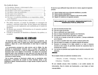 En el salón de clases
34. Por platicar, distraer, o interrumpir la clase -------------------------- 3
35. Por no entregar la tarea---------------------------------------------------- 5
36. Por faltar un día entero sin justificación --------------------------------15
37. Por faltar a clase sin justificación---------------------------------------- 5
38. Por copiar en los exámenes----------------------------------------------- 25
39. Por observar el examen ajeno-------------------------------------------- 10
40. Por traer y ver películas prohibidas en su computadora, celular
u otro dispositivo----------------------------------------------------------------- 5
41. Por ver películas en horas de clase o estudio -------------------------- 3
Por faltas mayores, el comité de disciplina se encargará de
analizar y sancionar dicha falta. Si hay alguna otra infracción
no prevista en este reglamento será analizada por el comité de
disciplina.
El alumno que acumule 100 deméritos en el semestre quedará
expulsado del Seminario.
Cuando se acumulen 50 deméritos se llamará a los padres y a
su pastor.
El Seminario Alfa y Omega ofrece a los alumnos un programa de
instrucción de cuatro años; se espera que interno desarrolle un carácter
maduro y digno de su santo llamamiento al estar bajo la tutela del
Seminario.
La herramienta principal de cada alumno será la Biblia. De ella
obtendrá el equipamiento necesario para su propia vida espiritual,
formación de convicciones, y para la preparación de sus sermones; el
Seminario tiene como objetivo el de formar de obreros de convicción
doctrinal sana y que mantenga un celo santo por la fe que nos ha sido
dada a fin de no caer en el lazo de herejías y movimientos libertinos muy
comunes en nuestro tiempo.
De la misma manera, el Seminario anhela que sus estudiantes estén
preparados y dispuestos de cumplir la Gran Comisión almas y que
establezcan Iglesias neotestamentarias al lugar donde el Espíritu Santo los
guíe y los use.
El alumno cuya calificación haya sido de 6.9 o menor, seguirá el siguiente
proceso:
a) Hacer trabajo extra que el docente establezca y acuerde
b) Hacer examen extraordinario
c) Hacer regularización de la materia lo más pronto posible.
d) Repetir la materia en el siguiente semestre.
a) Que sea durante el tercer año.
b) Que sea mayor de 18 años.
c) Que su calificación sea mayor de 8.5
d) Que no tenga antecedentes negativos en el Seminario.
e) Que presente permiso escrito de padres y pastores.
f) La cita con su pareja se hará sólo con permiso y tiempo establecido
por el director.
g) Los novios no pueden estar solos, ni salir a ninguna parte solos.
h) Que las bodas las arreglen y las celebren después de graduar.
i) Durante el noviazgo; él no debe visitarla a su casa y viceversa
durante el año escolar. Es permitido durante las vacaciones bajo la
anuencia de su pastor.
j) Las normas no previstas aquí quedan bajo la estricta evaluación de la
dirección.
MUSICA
No se acepta música con patrones mundanos como:
1.Mariachi, 2.Cumbia, 3.Huapango, 4.Norteña, 5.Rock and roll,
6.Ranchera, 7.Rondallas.
Ni con melodía sensual, ritmo mundano, o con sonido excesivo de
instrumentos. Que la música sea buena,sacra, y que tenga un buen
mensaje bíblico.
 